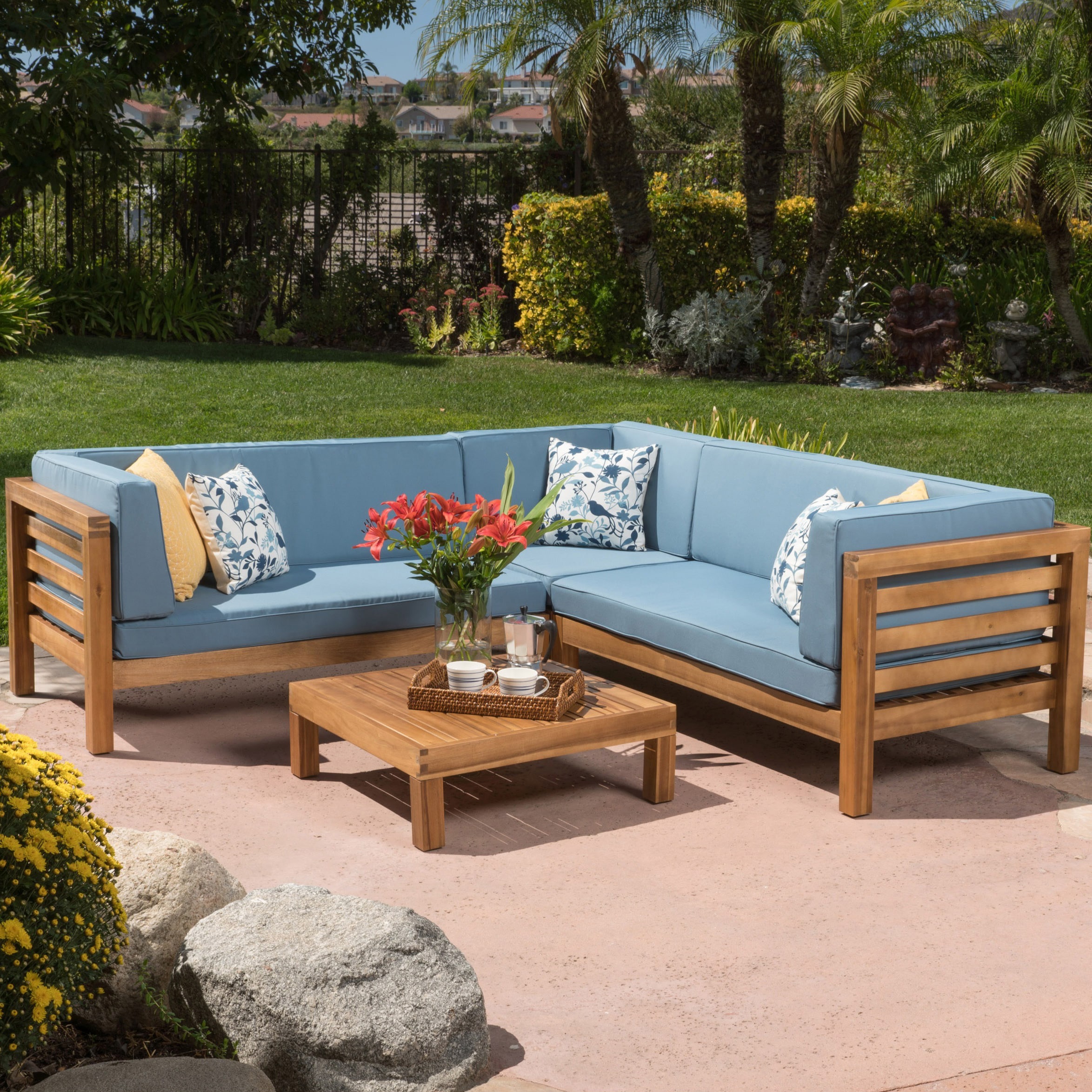 Oana Outdoor 4 Piece Acacia Wood Sectional Sofa Set With Oana Outdoor 4 Piece Acacia Wood Sectional Sofa Set With Cushions By Christopher Knight Home Free Shipping Today 12900544