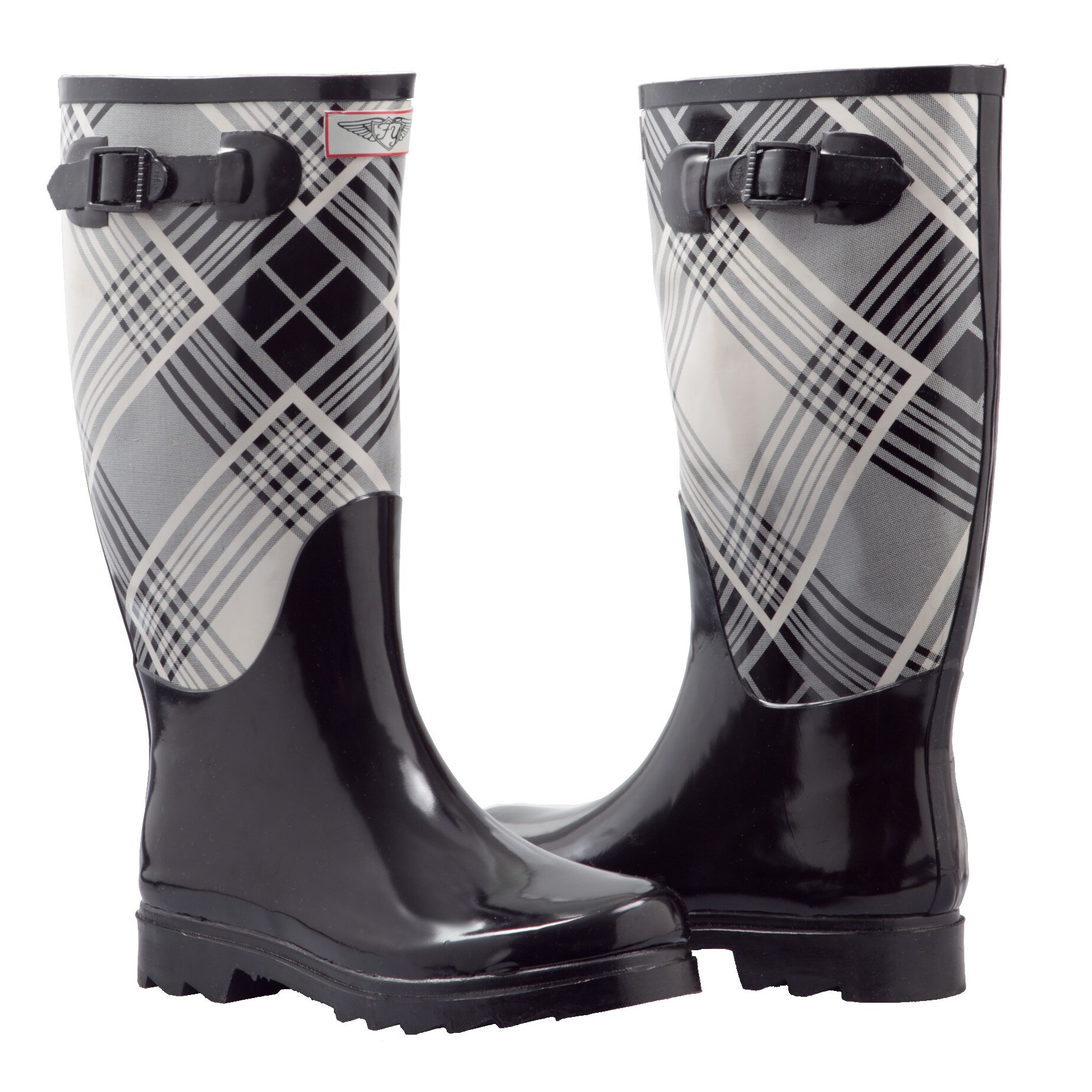 black and white plaid rain boots