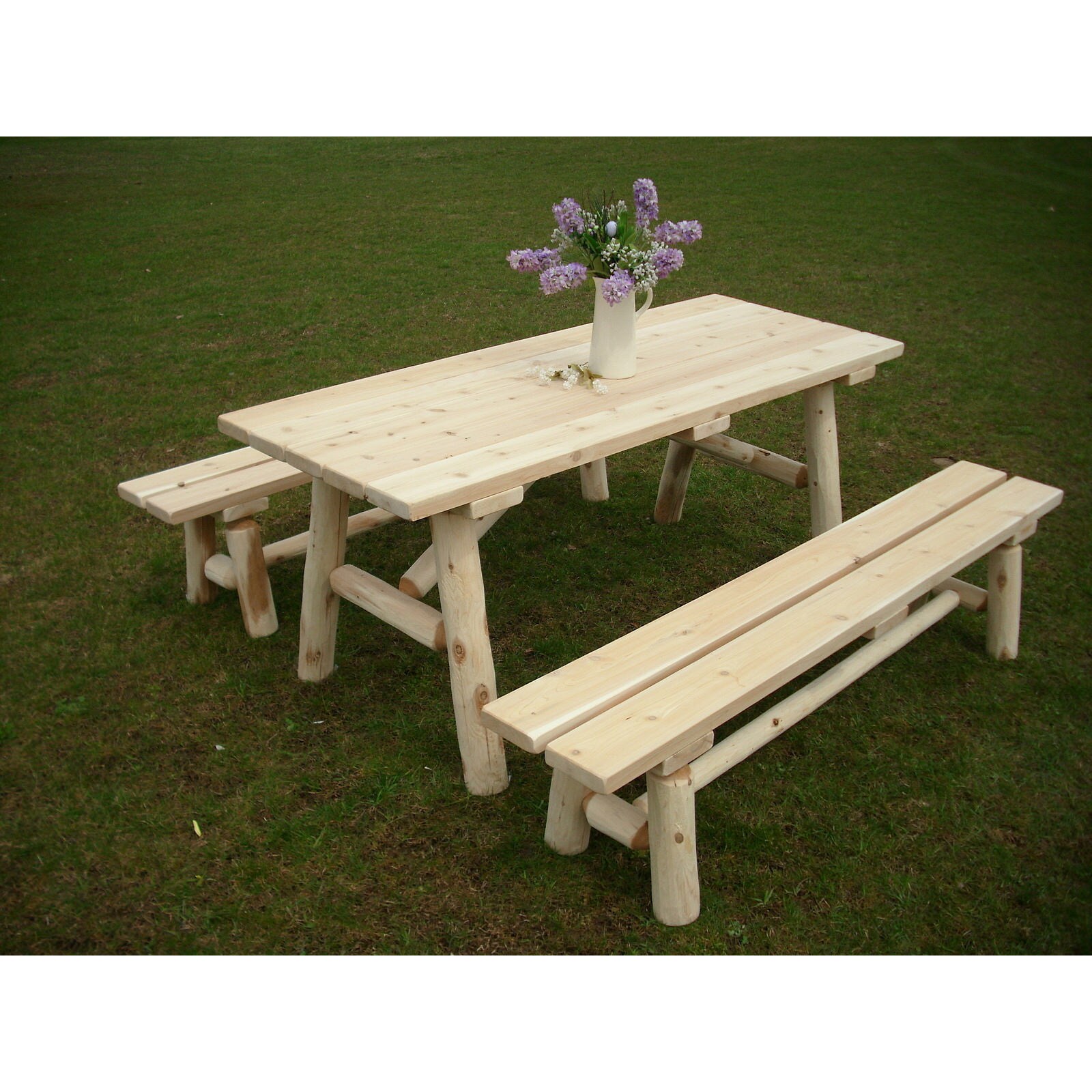 White Cedar Log 8 Foot Traditional Picnic Table With Detached Benches