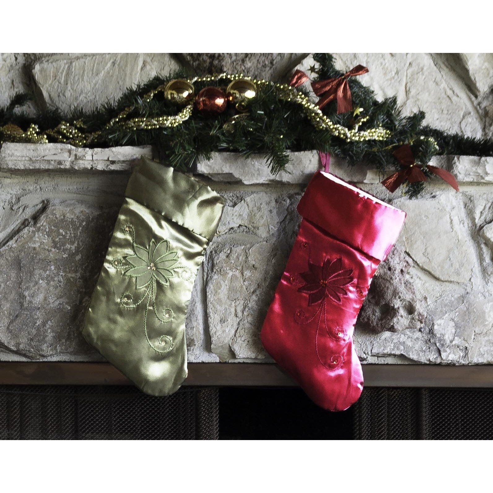 Red And Green 19 Inch Embroidered Christmas Stockings (Set Of 2) Red And Green 19 Inch Embroidered Christmas Stockings (Set Of 2)