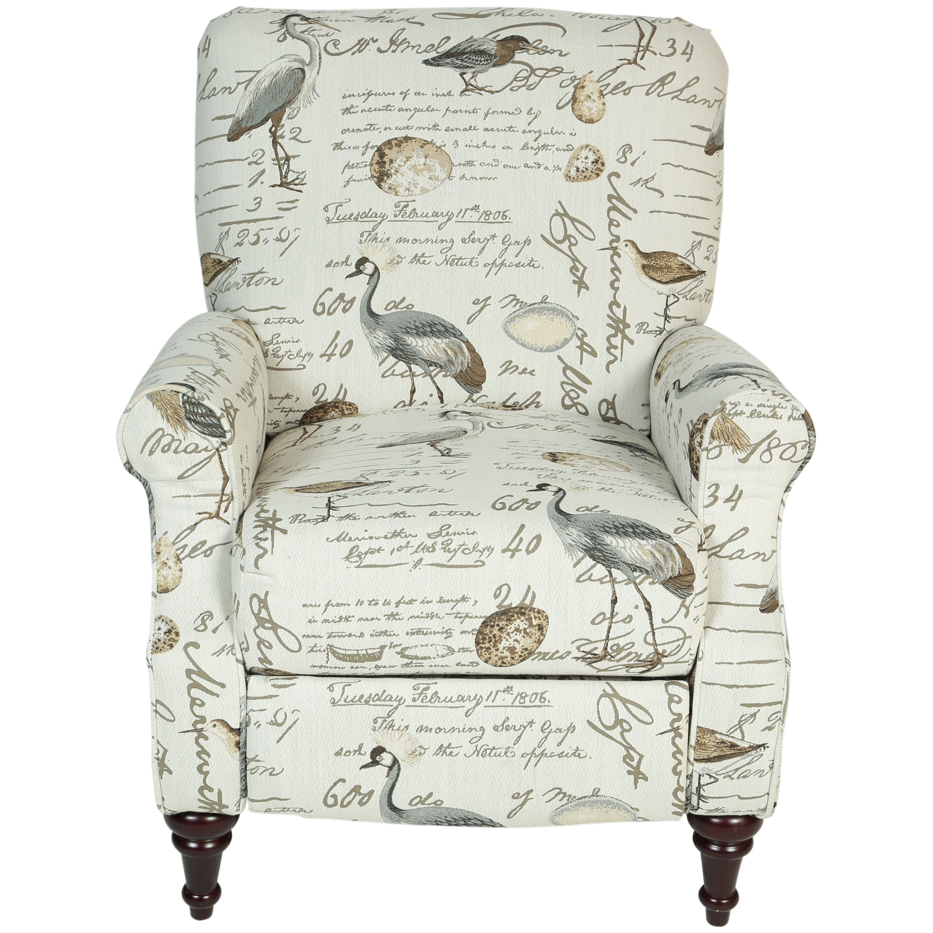 Porter Aviary Handwritten Bird Life Pushback Reclining Chair With Turned Legs 38 H X 32 D X 32 W