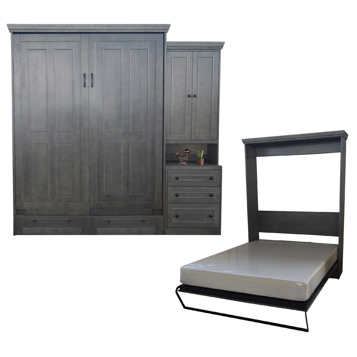 Queen Devonshire Murphy Bed With One Pier Cabinet In Pearl Grey