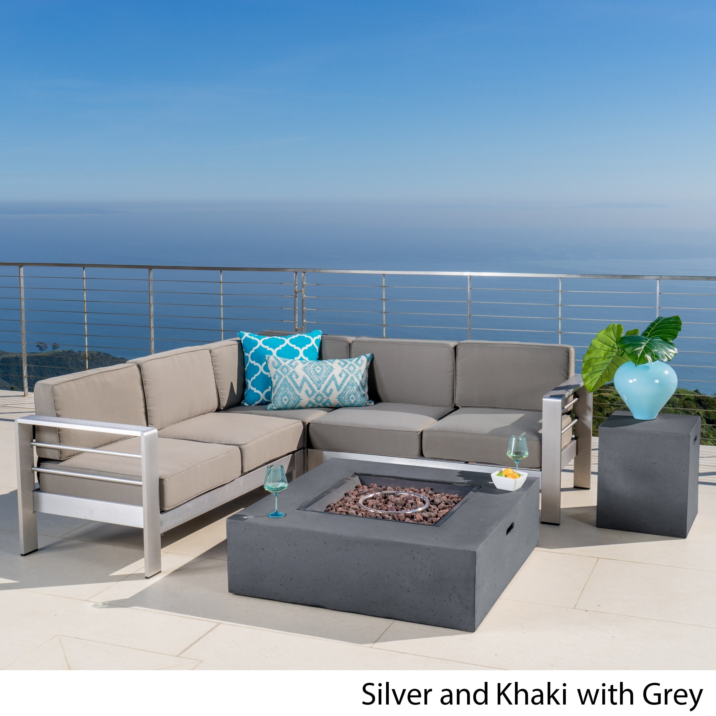 Cape Coral Outdoor 5 Piece V Shaped Sofa Set With Fire Table By