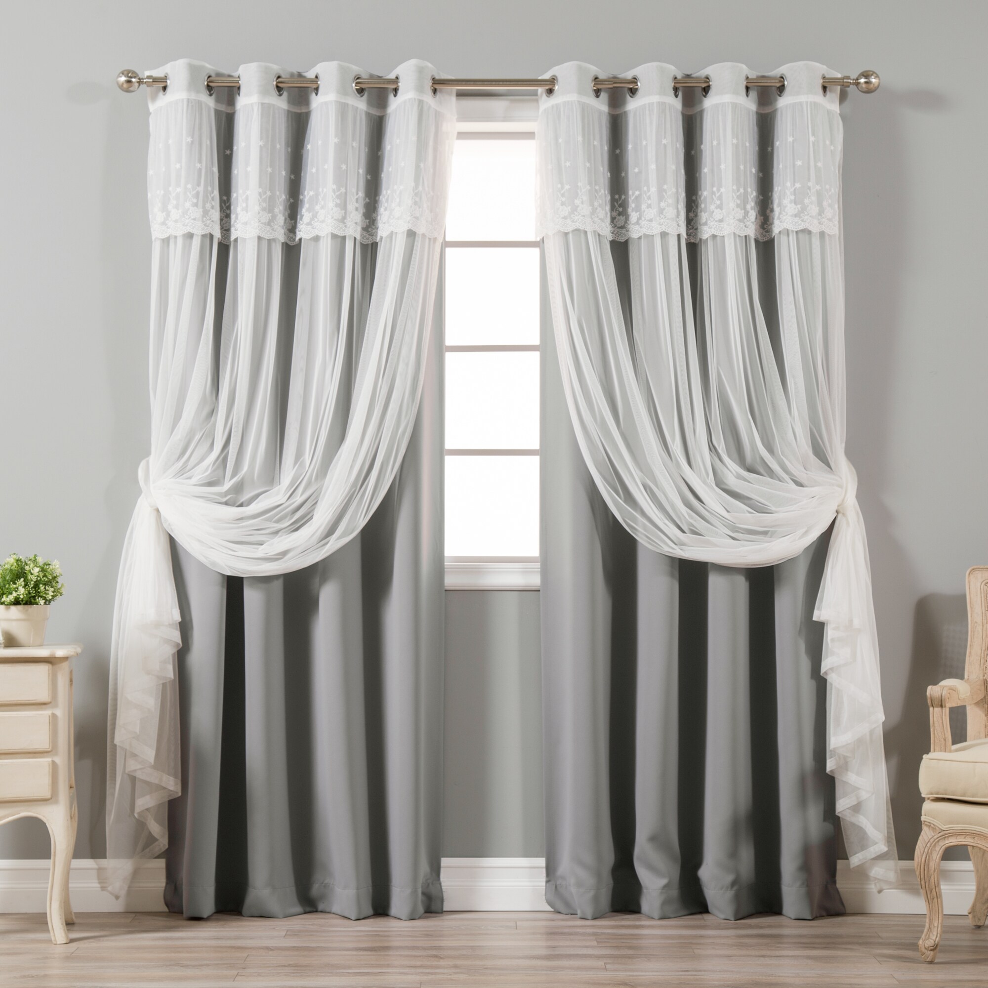Aurora Home Tulle Sheer with Attached Valance and Blackout Mix and