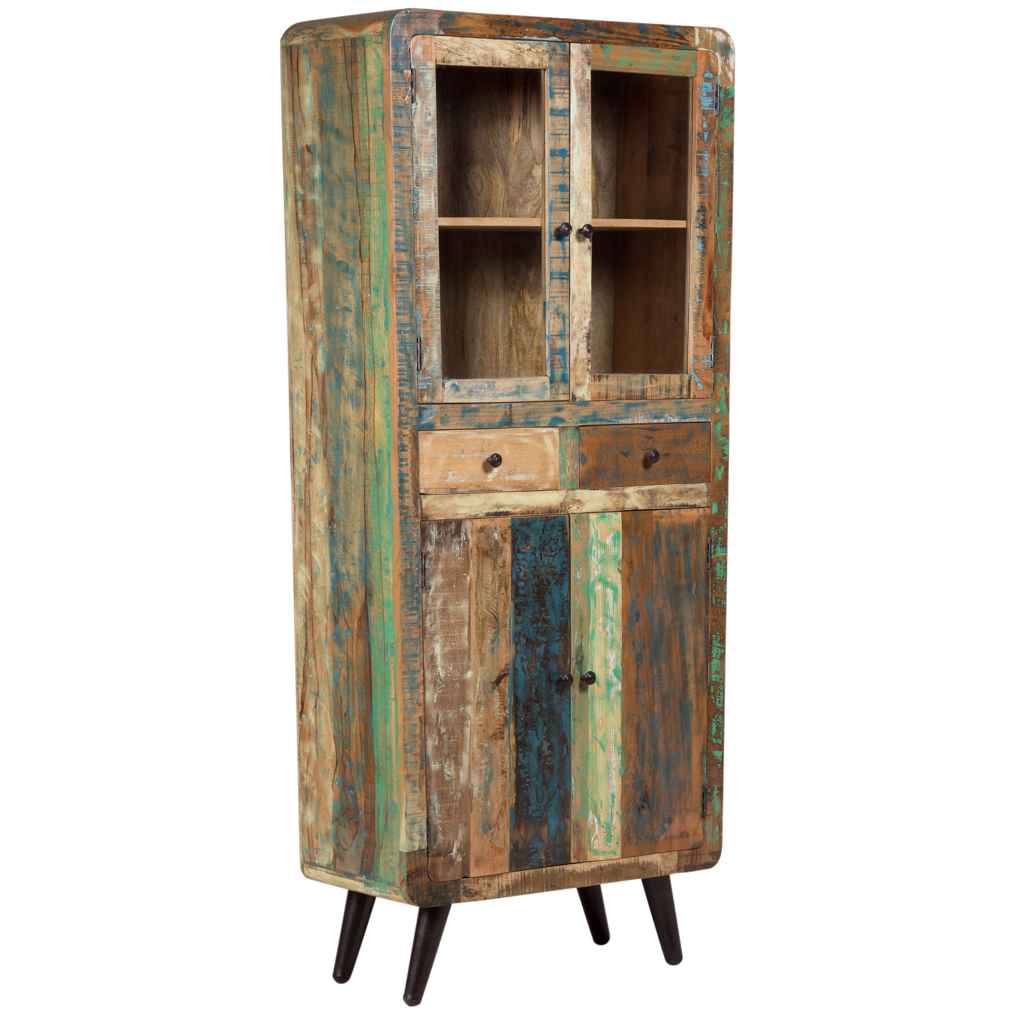 Handmade Wanderloot Route 66 Reclaimed Wood Mid Century Modern Handmade Wanderloot Route 66 Reclaimed Wood Mid Century Modern Tall Curio Display Cabinet With 2 Drawers 4 Doors India Free Shipping Today