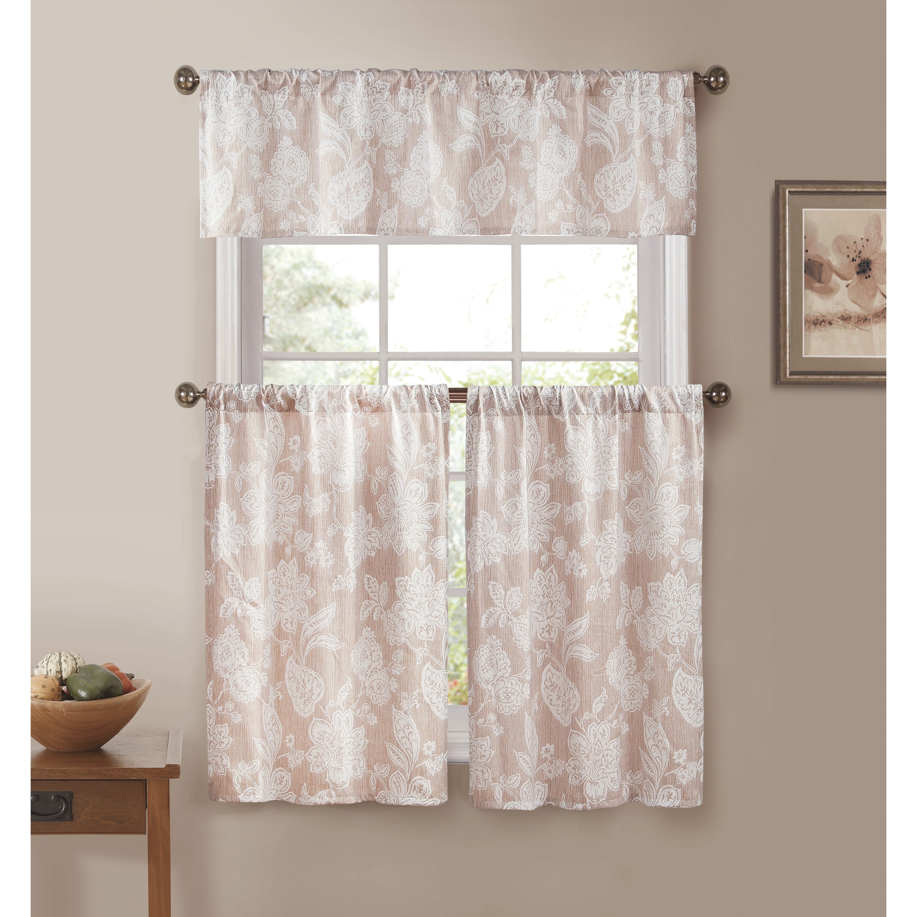 Shop Ewva Linen Look 3 Piece Jacquard Pole Top Kitchen Curtain Set