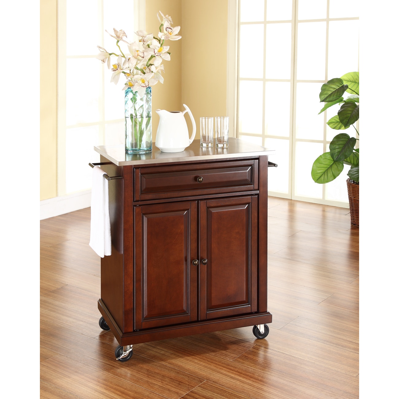 Shop Vintage Mahogany Finish Stainless Steel Top Portable Kitchen Cart Island Overstock 15315758