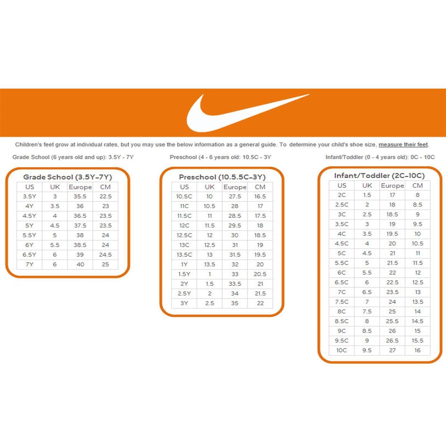 nike infant shoe size chart by age