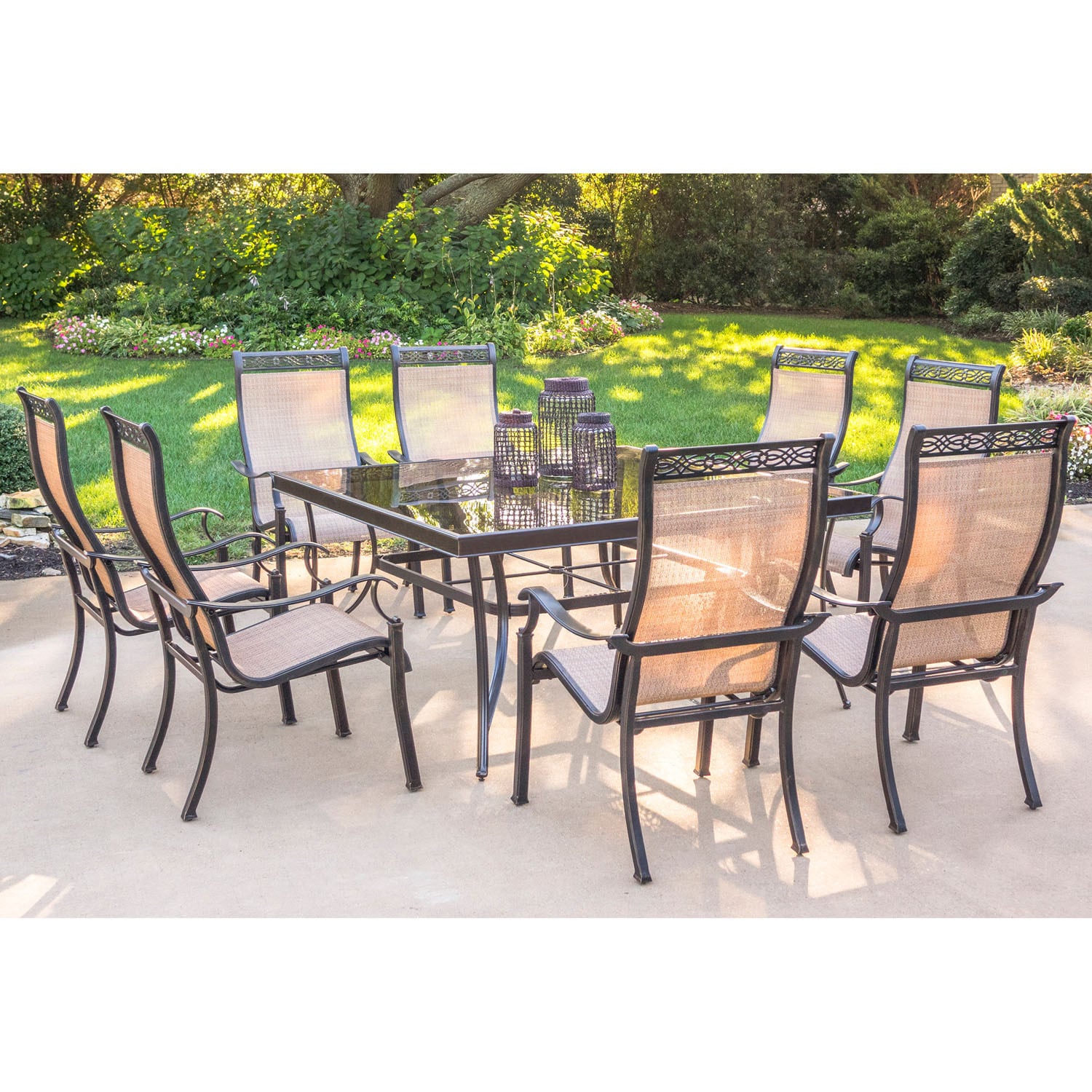 Hanover Monaco Tan Aluminum 9 Piece Dining Set With 60 Inch Square Glass Top Table And Eight Stationary Dining Chairs