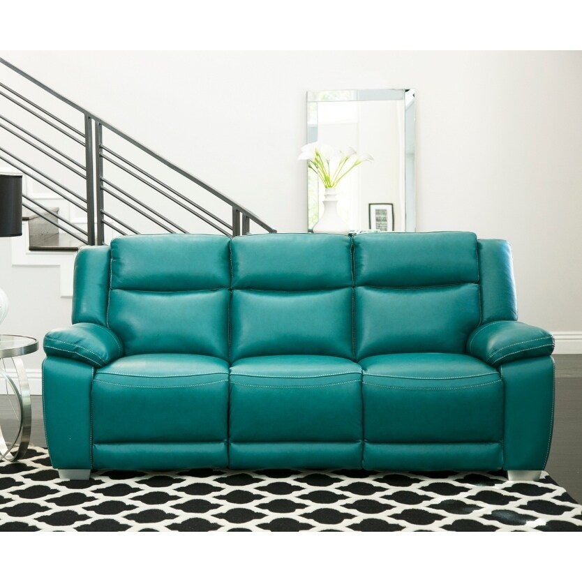 Abbyson Leyla Turquoise Top Grain Leather Push Back Reclining Sofa