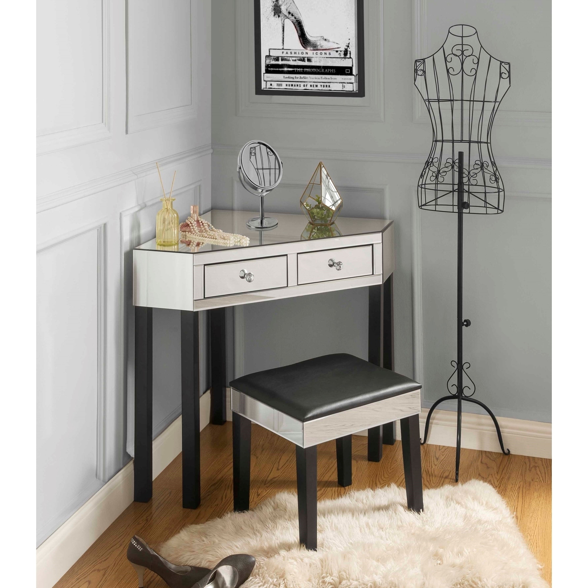 Portia Mirrored 2 Drawer Vanity Corner Table And Stool Portia Mirrored 2 Drawer Vanity Corner Table And Stool Set Free Shipping Today 16564266