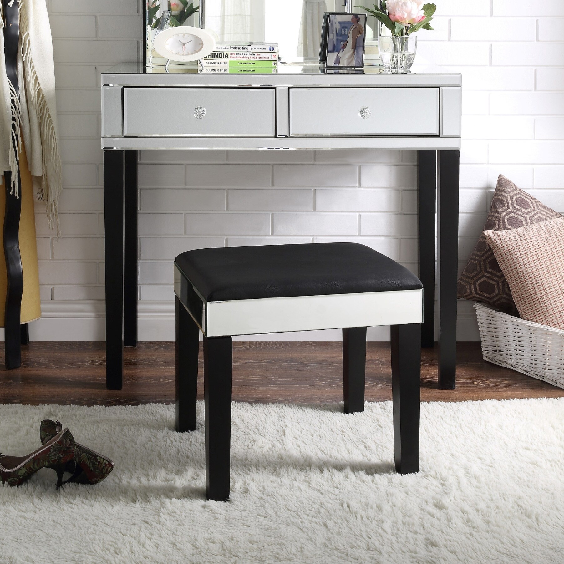 Portia Modern Contemporary Mirror 2 Drawer Vanity Table And Portia Modern Contemporary Mirror 2 Drawer Vanity Table And Stool Set On Free Shipping Today 16564266