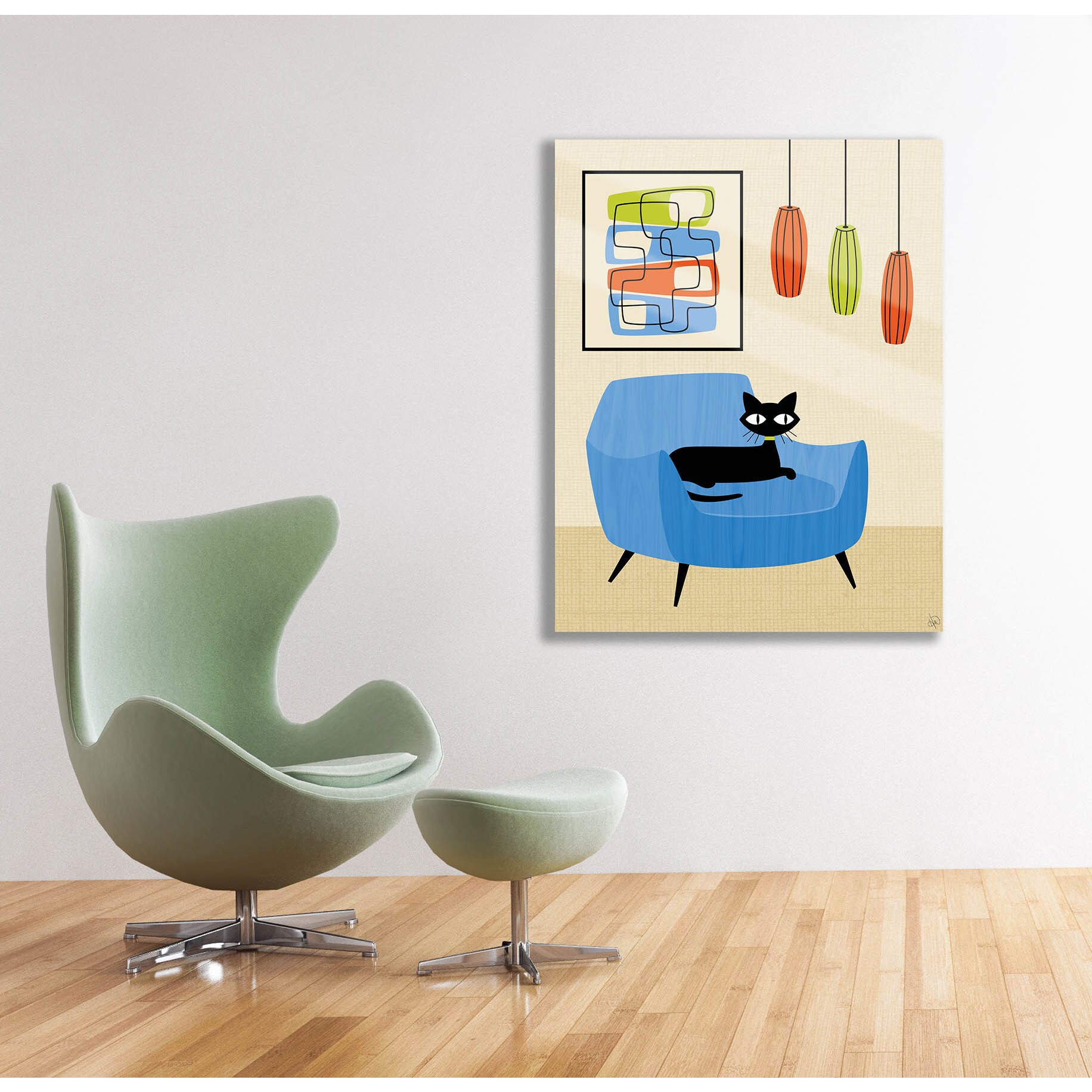 Retro Blue Chair Black Cat Wall Art Print On Glass