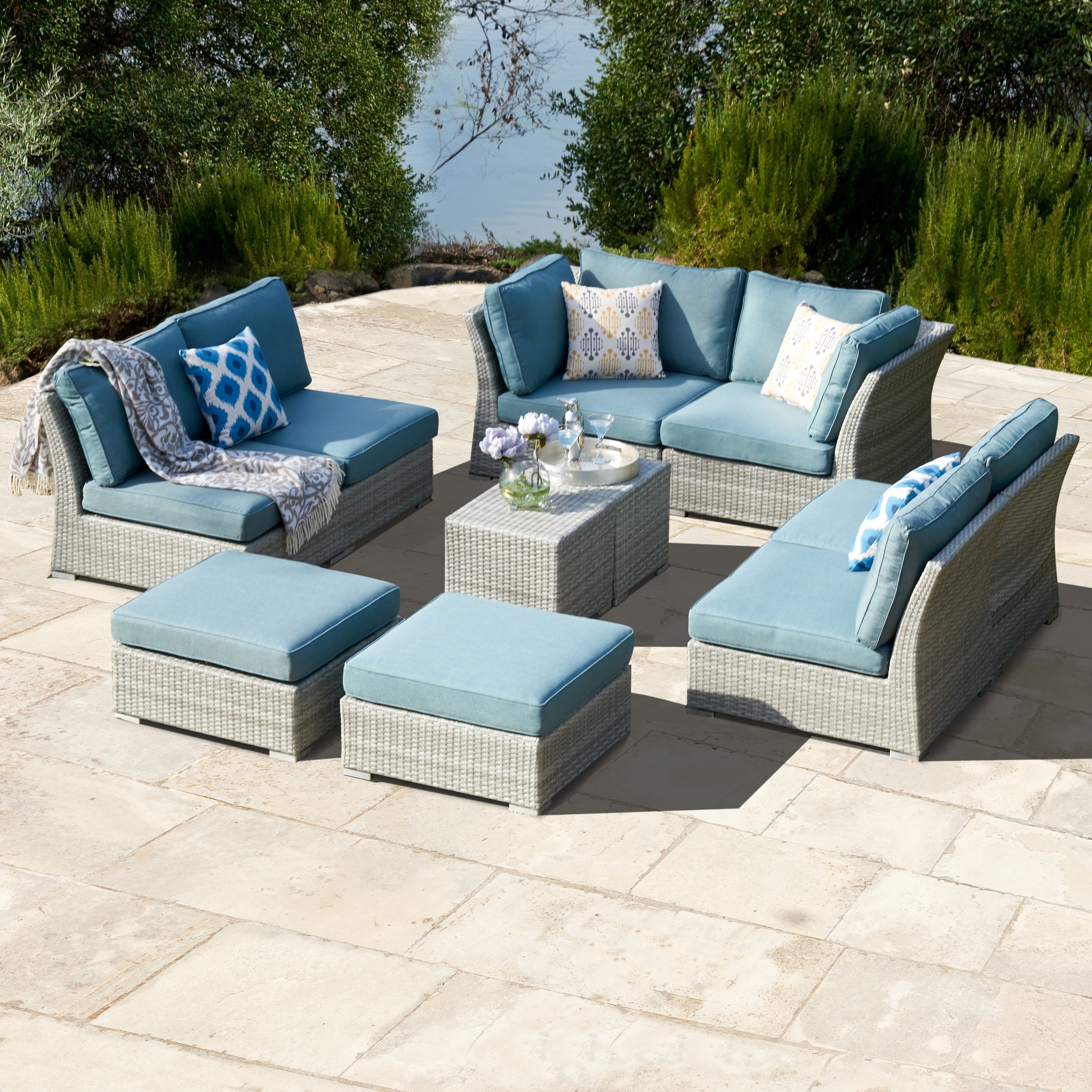 Corvus 10 Piece Grey Wicker Patio Furniture Set With Blue Corvus 10 Piece Grey Wicker Patio Furniture Set With Blue Cushions On Free Shipping Today 17158238