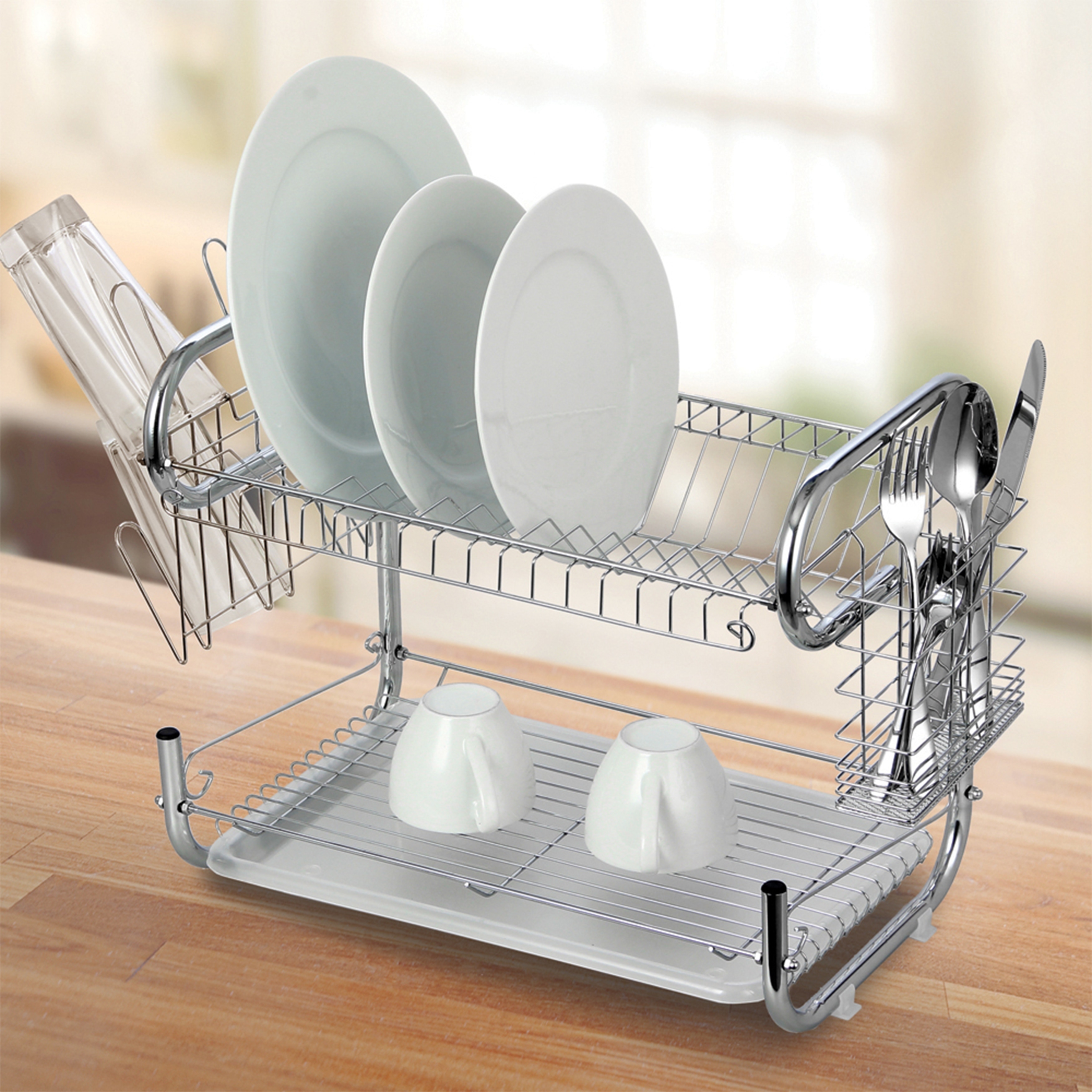 Modern Kitchen Chrome Plated 2 Tier Dish Drying Rack and Draining