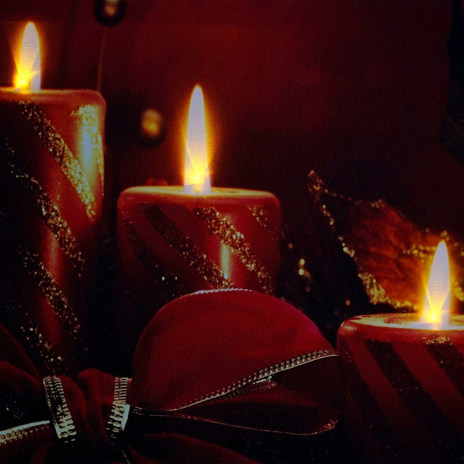 Led Lighted Red Glitter Striped Candles With Poinsettia & Bow Led Lighted Red Glitter Striped Candles With Poinsettia & Bow
