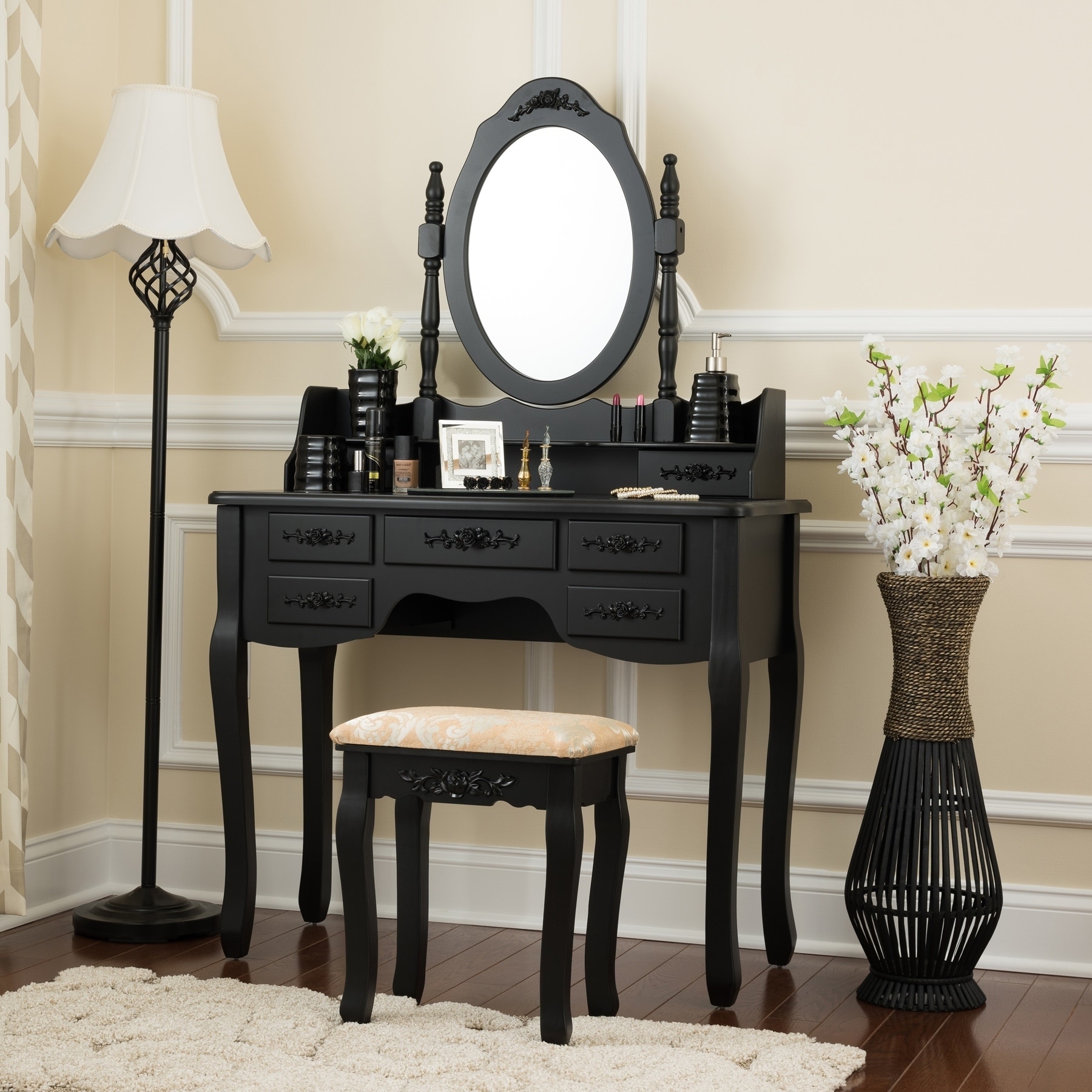 Black Fineboard Luxury Vanity Table Stool Wood Unique Shape Floral Crafted for Vanity Tables or Other Extravagant Tables with Artwork