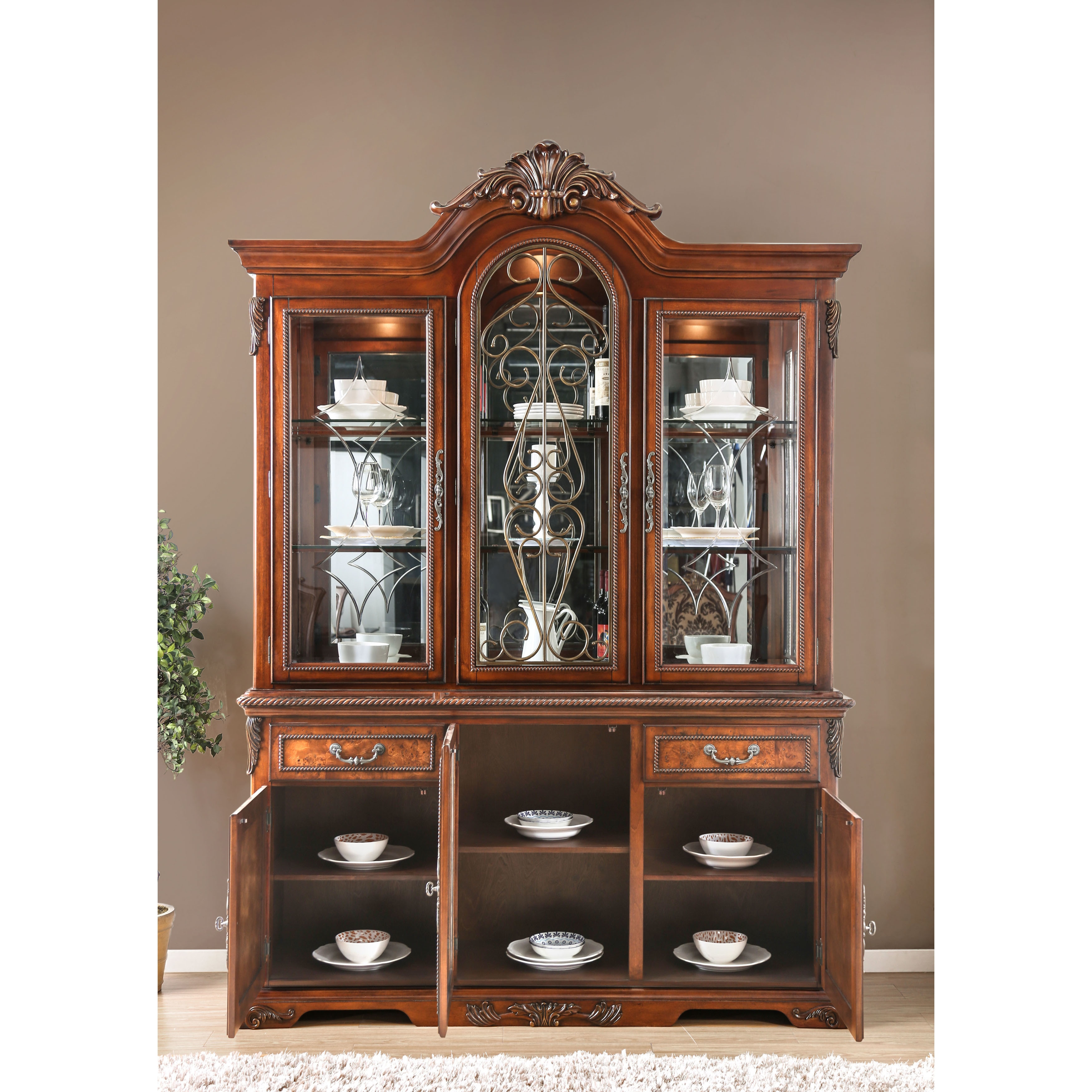 Furniture Of America Tifanil Traditional Brown Cherry Wood Furniture Of America Tifanil Traditional Brown Cherry Wood Metal 2 Piece Buffet And Hutch Set