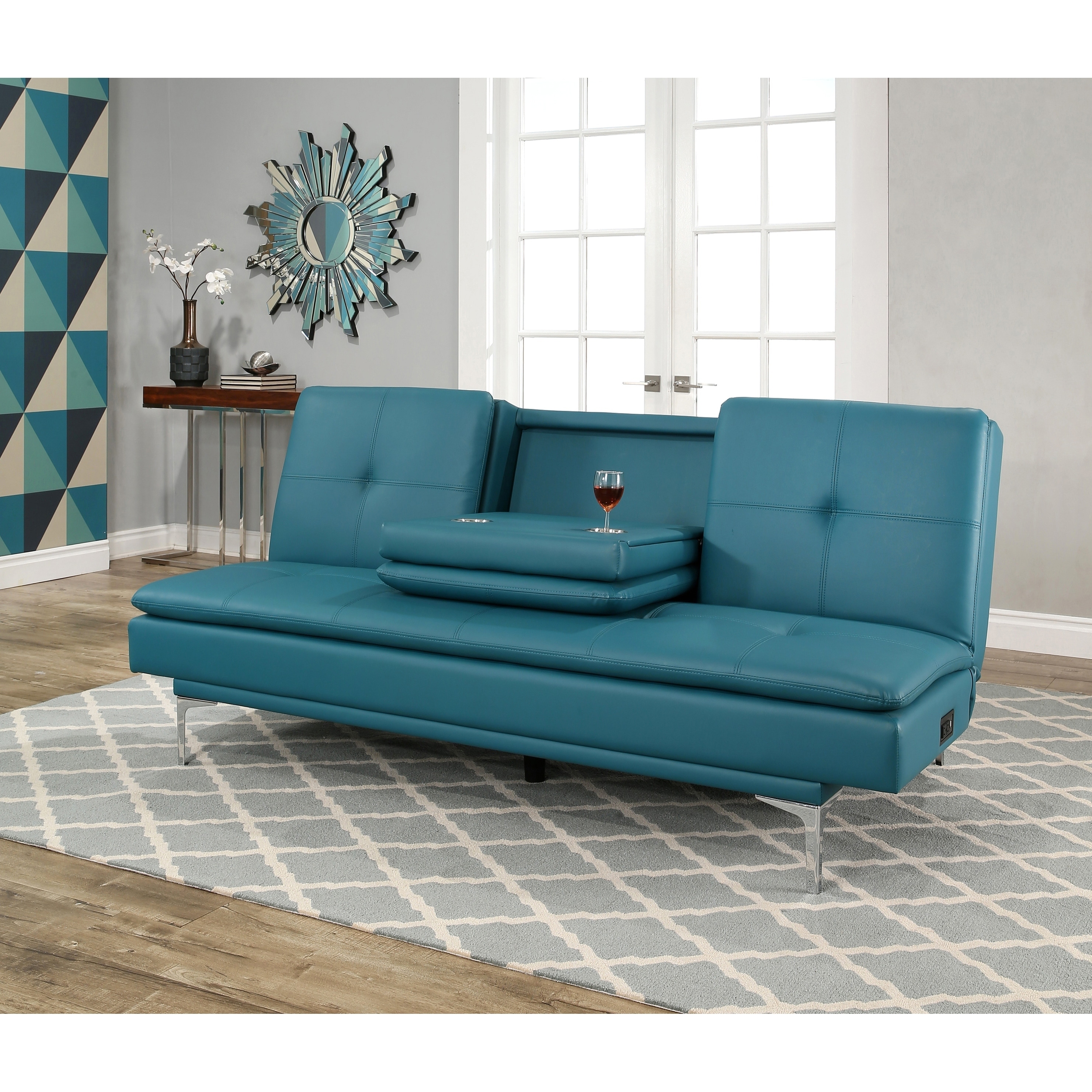 Abbyson Kilby Turquoise Bonded Leather Sofa Bed With Console Abbyson Kilby Turquoise Bonded Leather Sofa Bed With Console On Free Shipping Today 19429173
