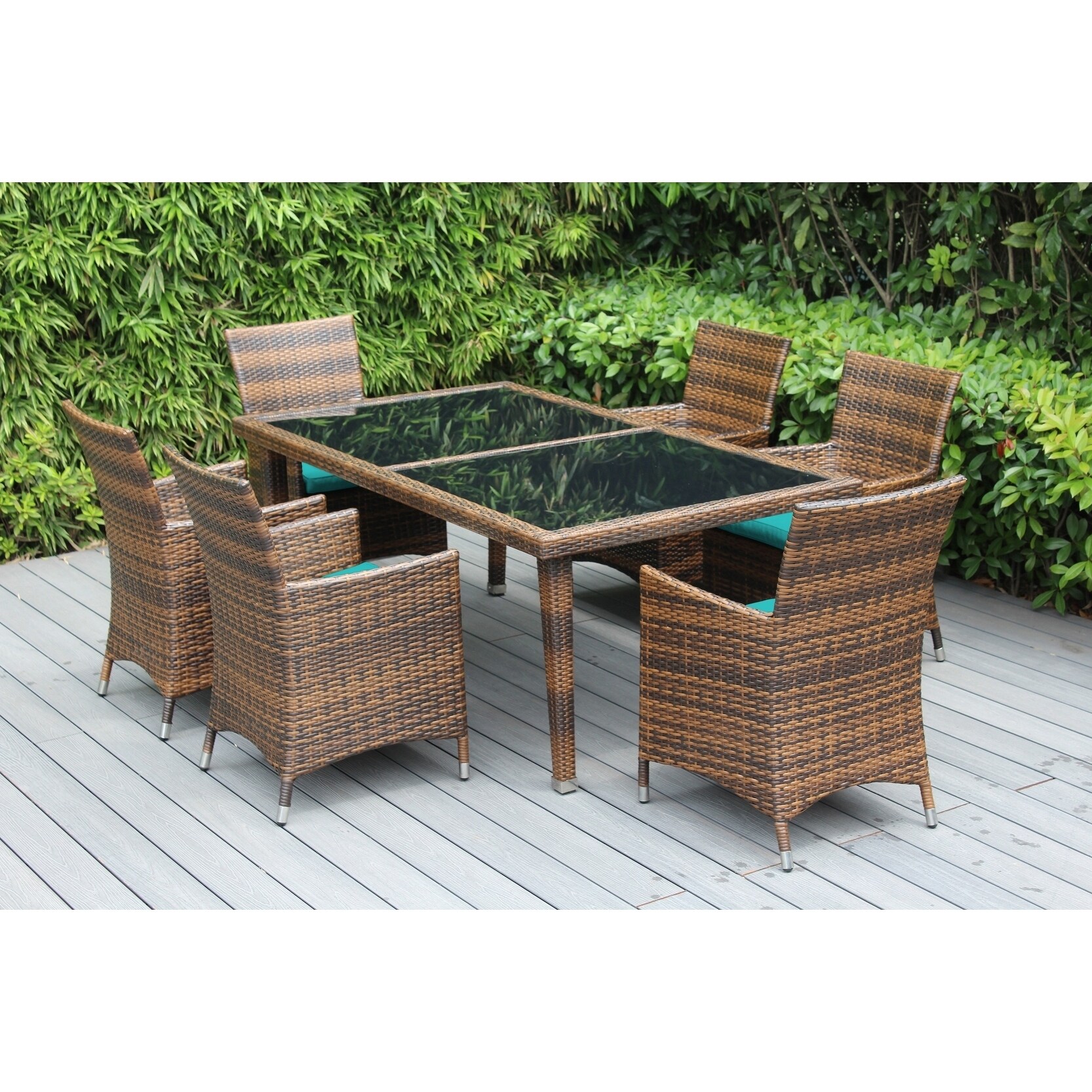 Shop Ohana Outdoor Patio 7 Piece Mixed Brown Wicker Dining Set With Cushions Overstock 19432756