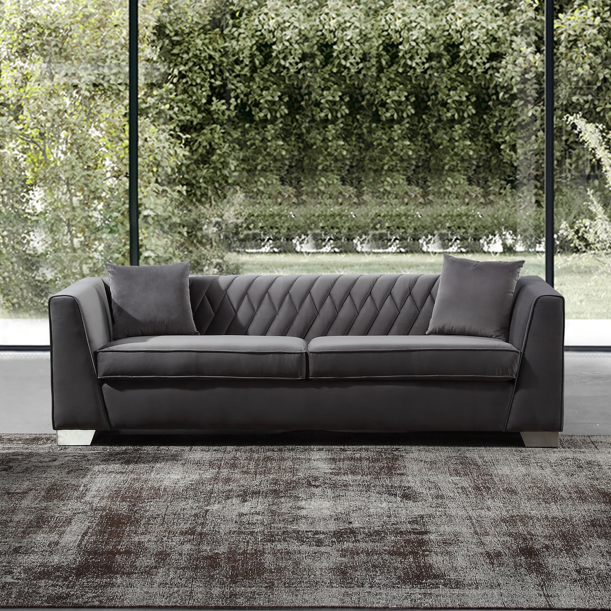 Armen Living Cambridge Sofa In Stainless Steel And Dark Grey Velvet
