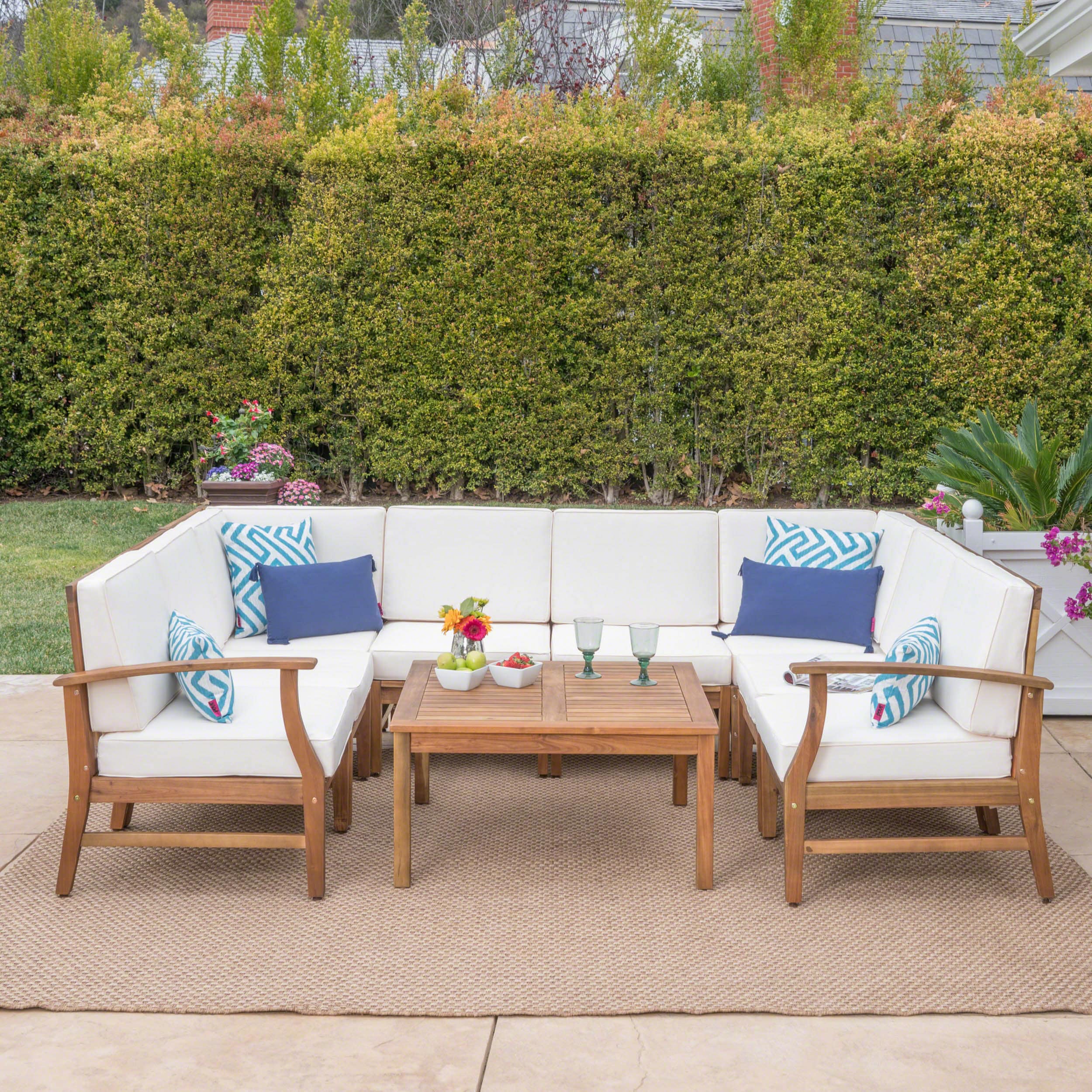 Perla Outdoor Acacia Wood 9 Piece Sectional Sofa Set With Cushions By Christopher Knight Home