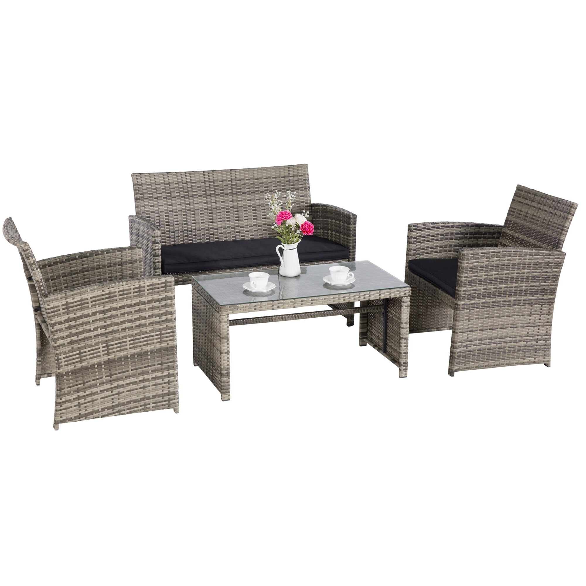 Grey Cushion 4 Pcs Patio Sofa Set Outdoor Wicker Rattan Furniture Conversation Set With Storage Cabinet And Coffee Table For Garden Backyard Pool Patio Lawn Garden Conversation Sets