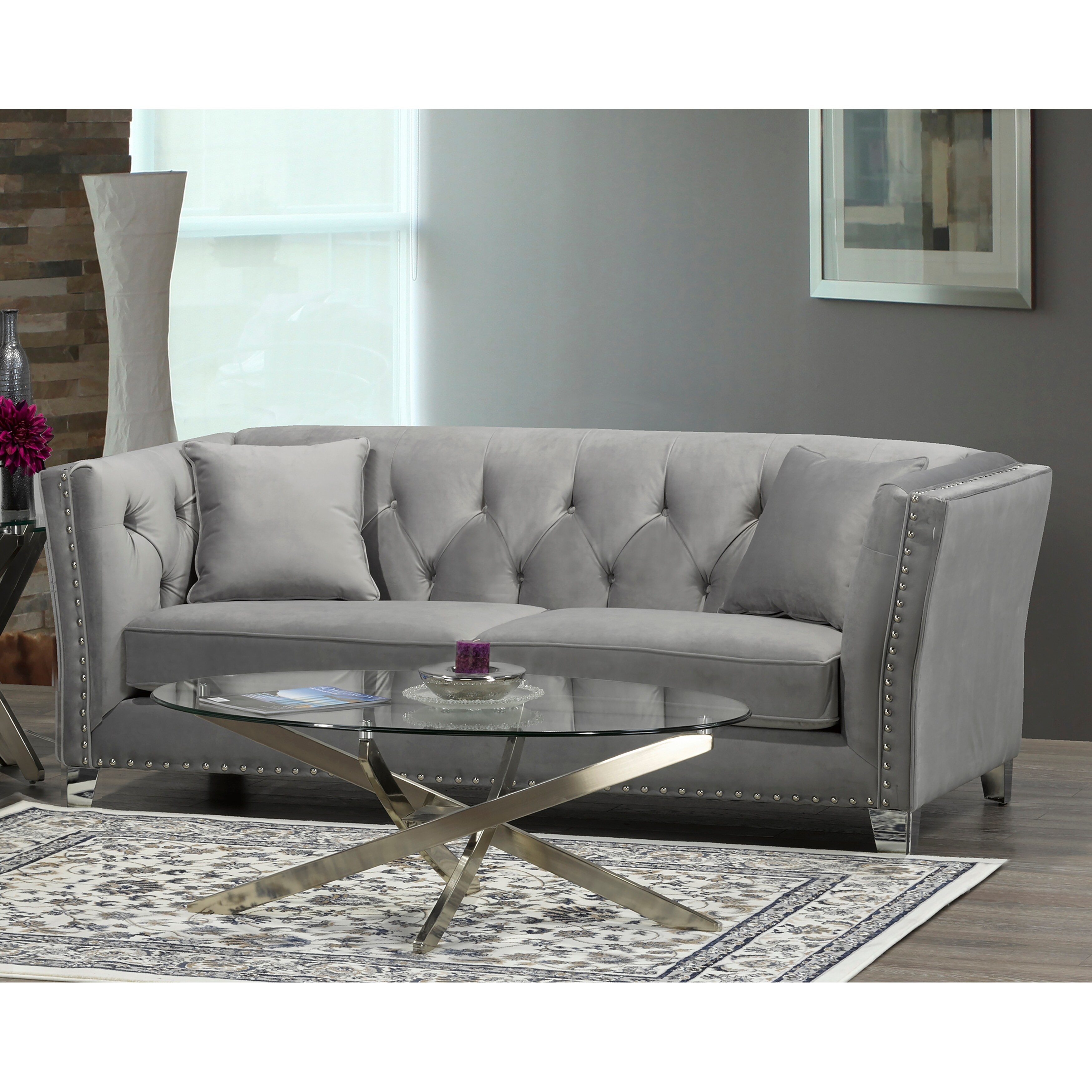 Fiona Modern Grey Velvet Tufted Nailhead Sofa And Loveseat On Fiona Modern Grey Velvet Tufted Nailhead Sofa And Loveseat On Free Shipping Today 20847533