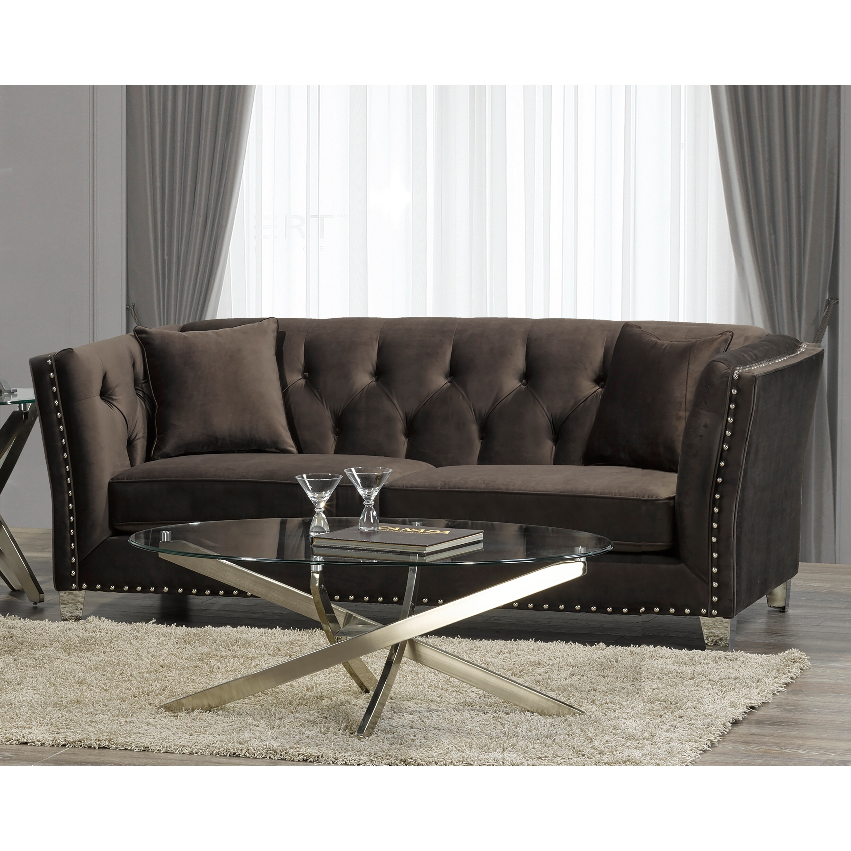 Harlow Modern Chocolate Brown Velvet Tufted Nailhead Sofa Loveseat And Chair