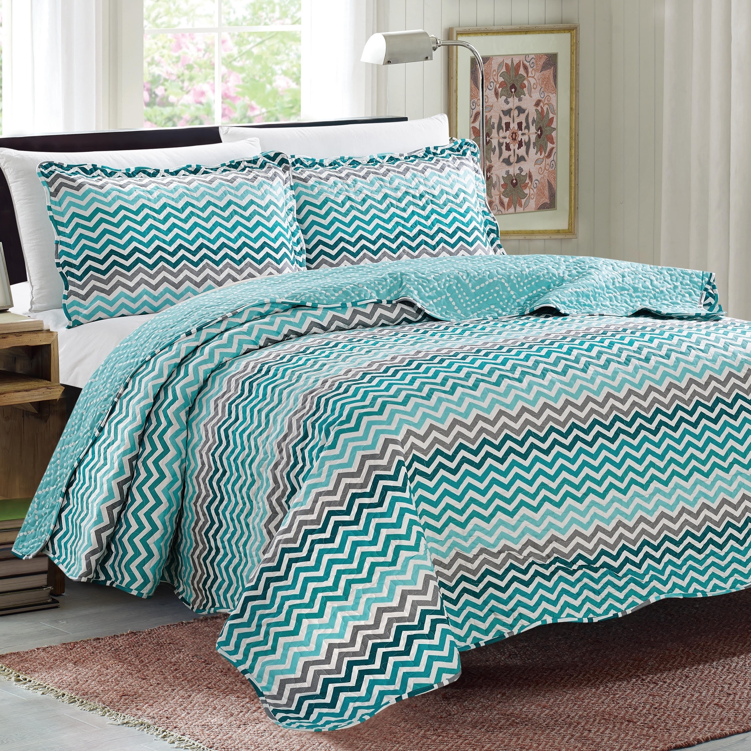 3PCs Quilted ZigZag Plain Color Bedspread Set Double King With Pillowcase Sale