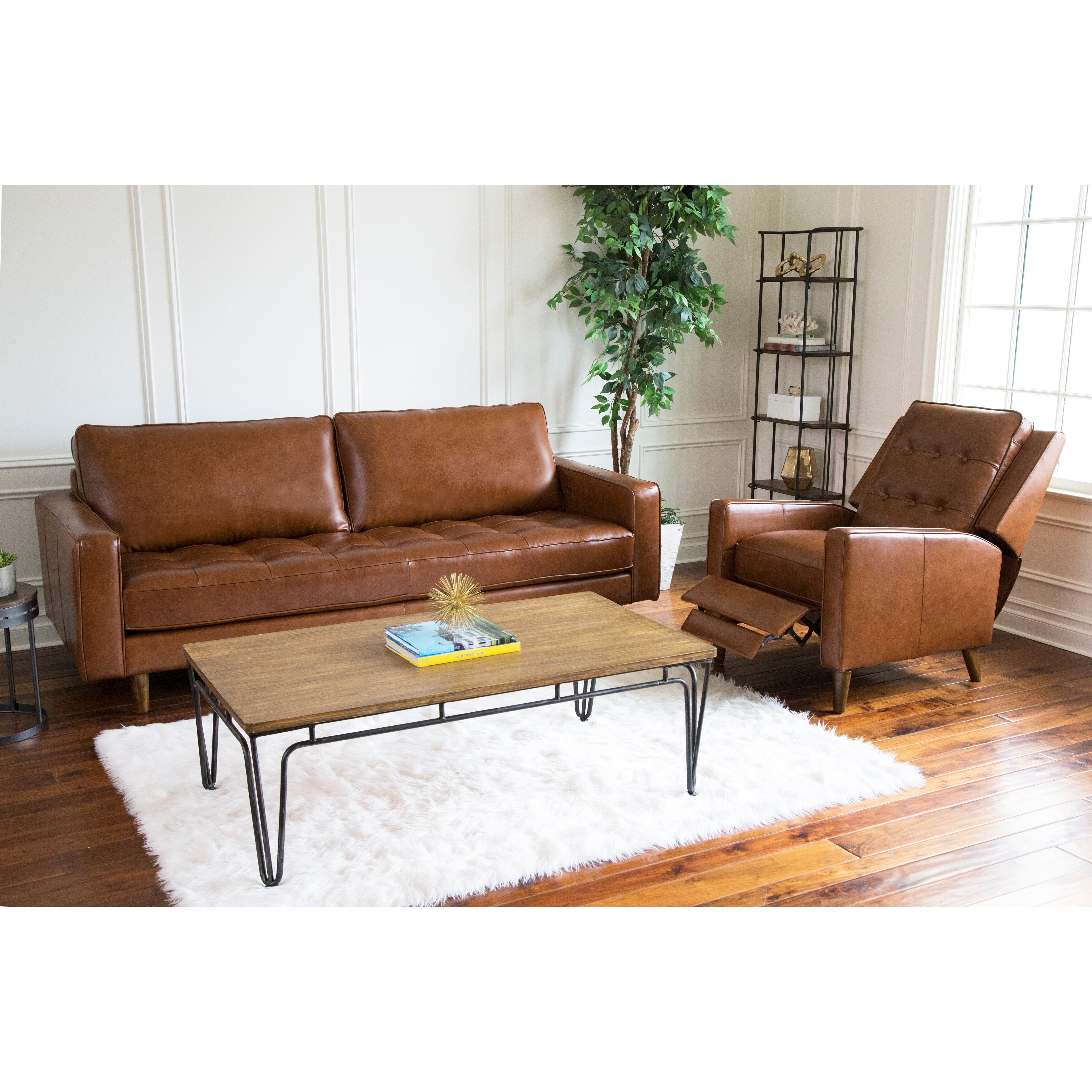 Abbyson Holloway Mid Century Leather Sofa And Recliner Set