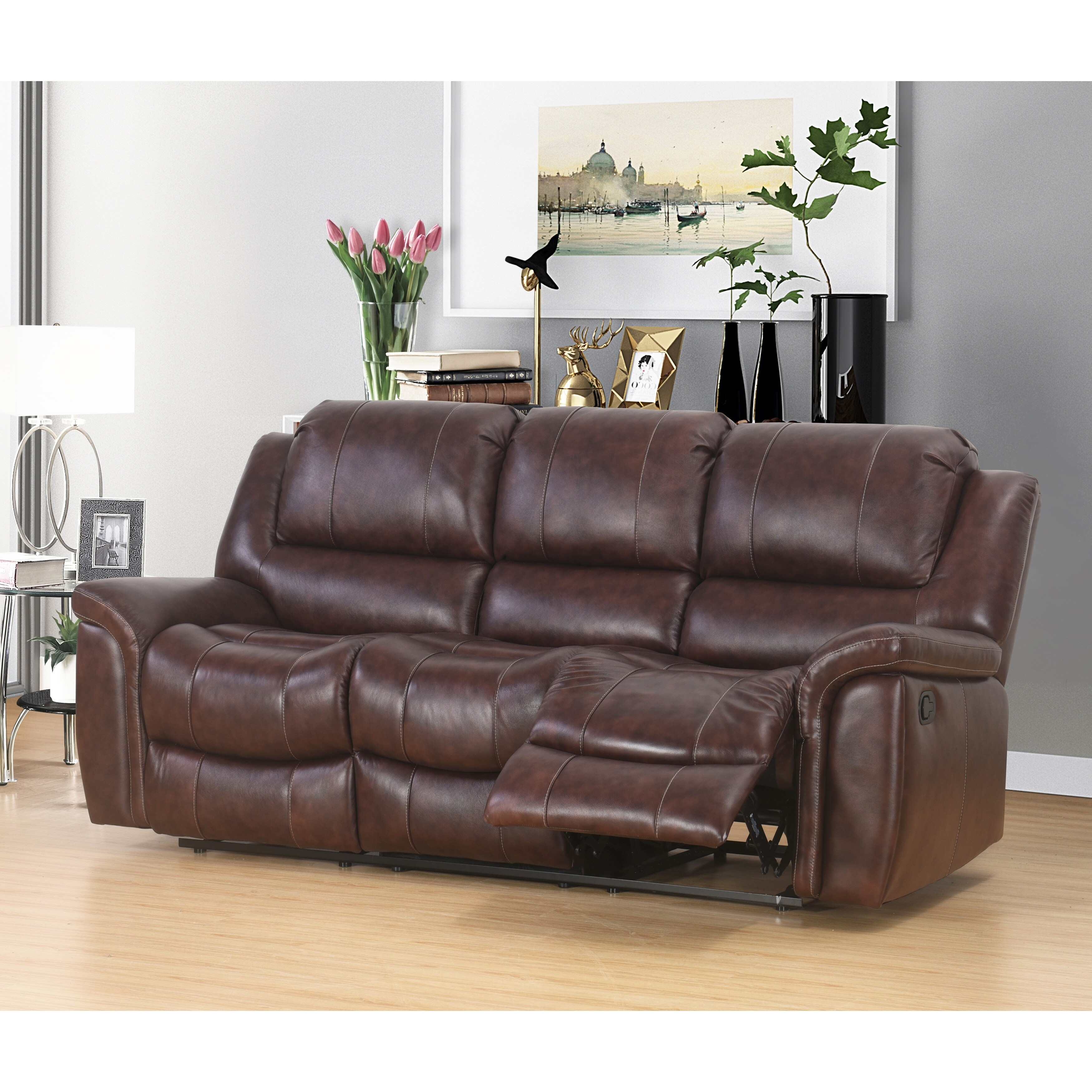 Abbyson Benicia Brown Top Grain Leather Reclining Sofa And Chair