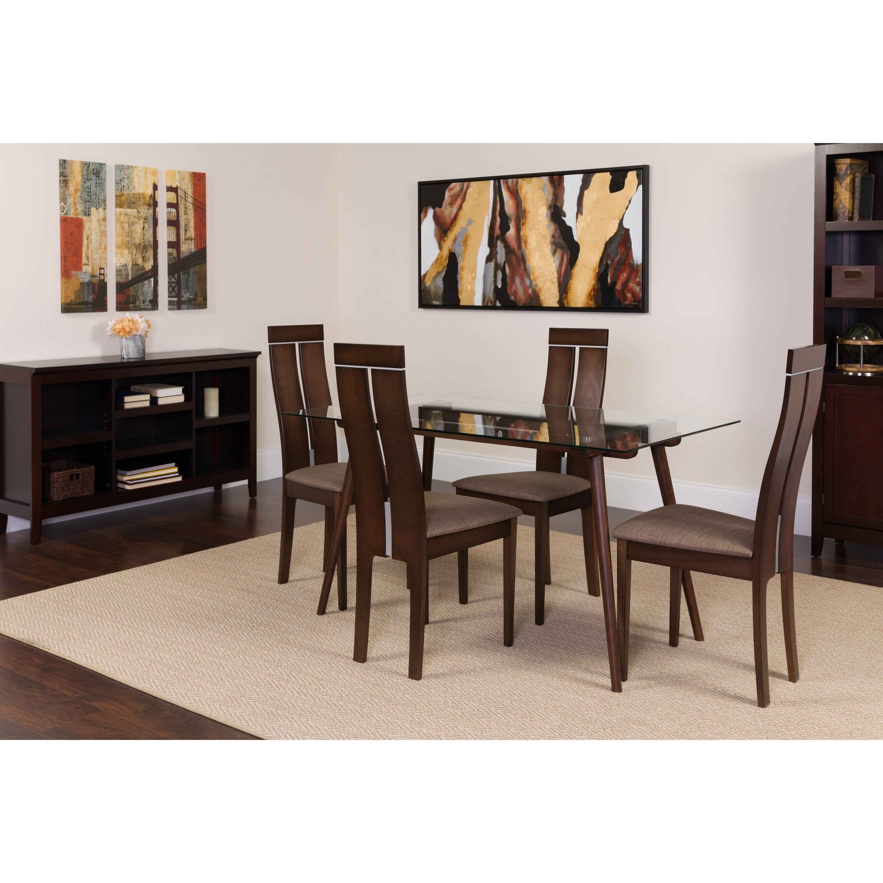 Roseville 5 Piece Wood Dining Table Set With Glass Top And Clean Line Wood Dining Chairs Padded Seats
