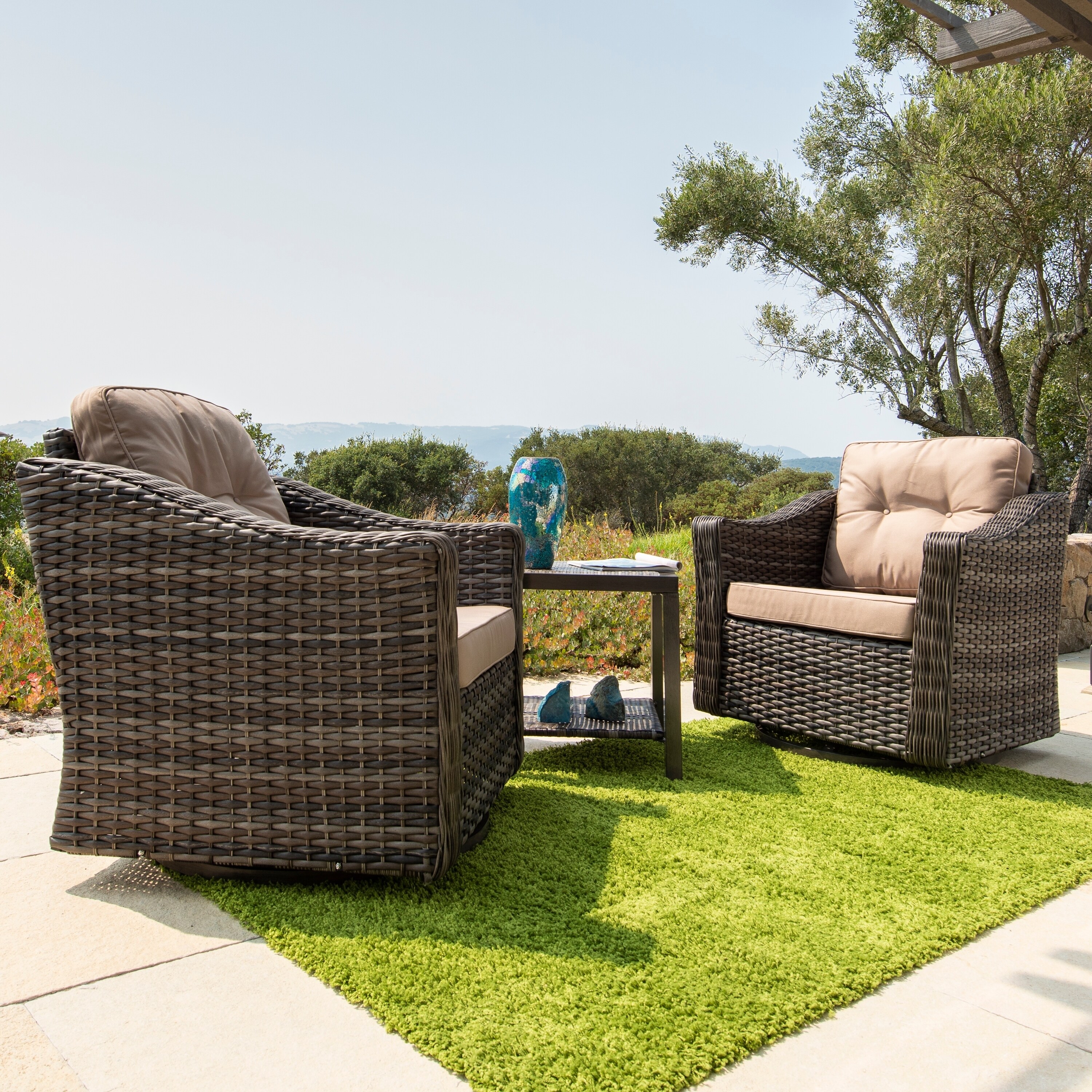 Corvus Eolie 3 Piece Outdoor Wicker Swivel Glider Chair Set Corvus Eolie 3 Piece Outdoor Wicker Swivel Glider Chair Set With Side Table