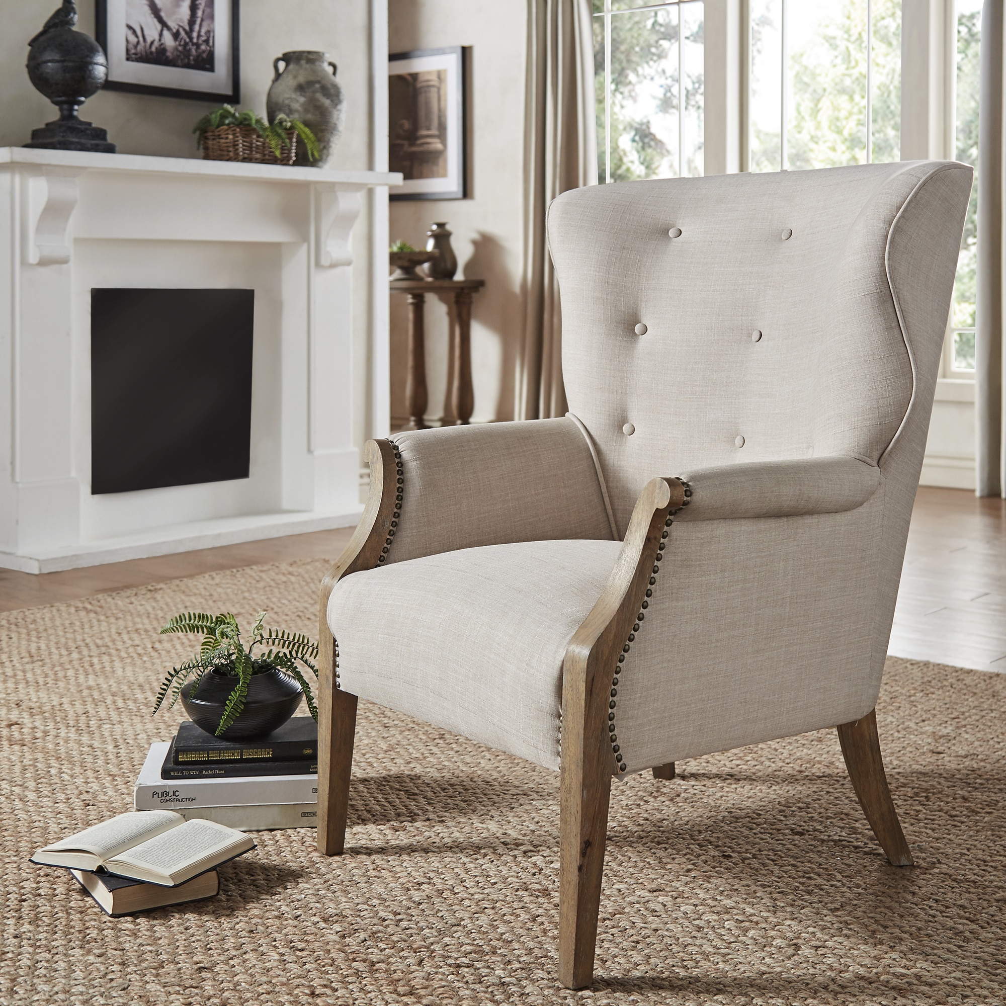 Constantine Exposed Wood Tufted Beige Linen Wingback Accent Chair By Constantine Exposed Wood Tufted Beige Linen Wingback Accent Chair By