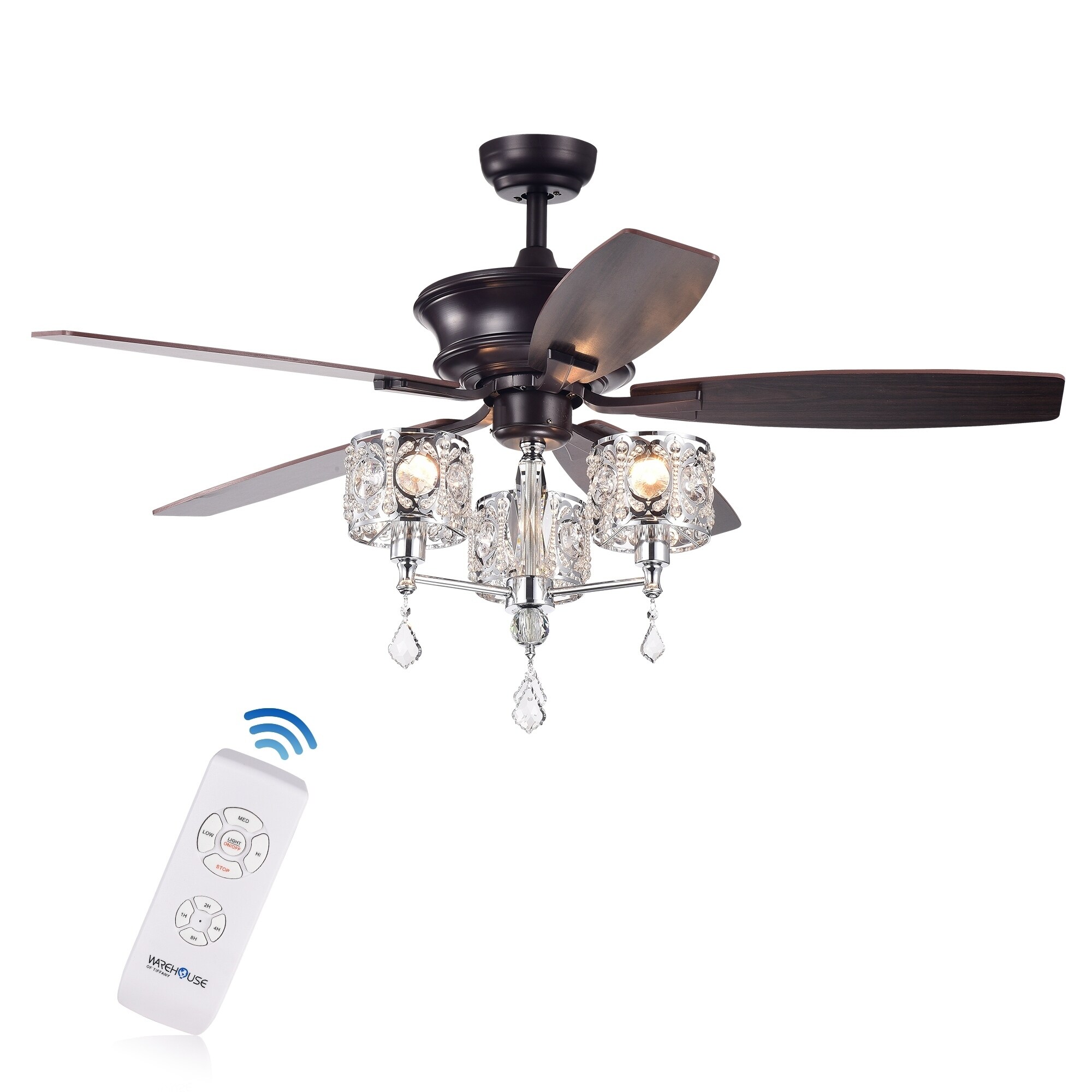 Tibedo 5 Blade 52 Inch Dark Brown Ceiling Fan With 3 Light Tibedo 5 Blade 52 Inch Dark Brown Ceiling Fan With 3 Light Crystal And Chrome Chalice Chandelier Remote Controlled On Free Shipping Today