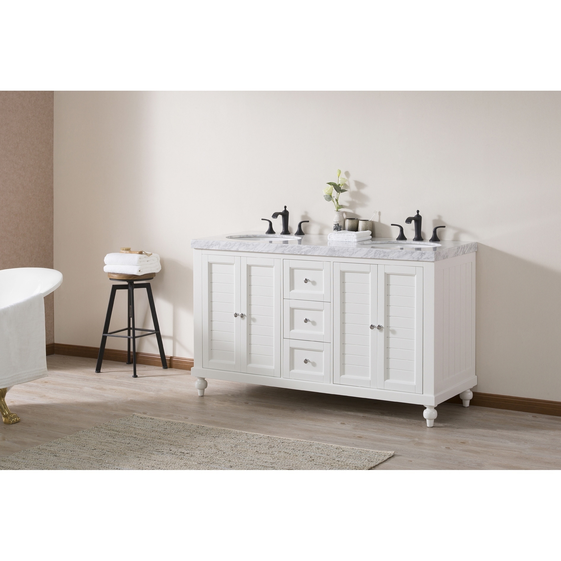 Stufurhome Kent 12 Inch White Double Sink Bathroom Vanity with Drains and Faucets in Matte Black Stufurhome Kent 12 Inch White Double Sink Bathroom Vanity with Drains and Faucets in Matte Black
