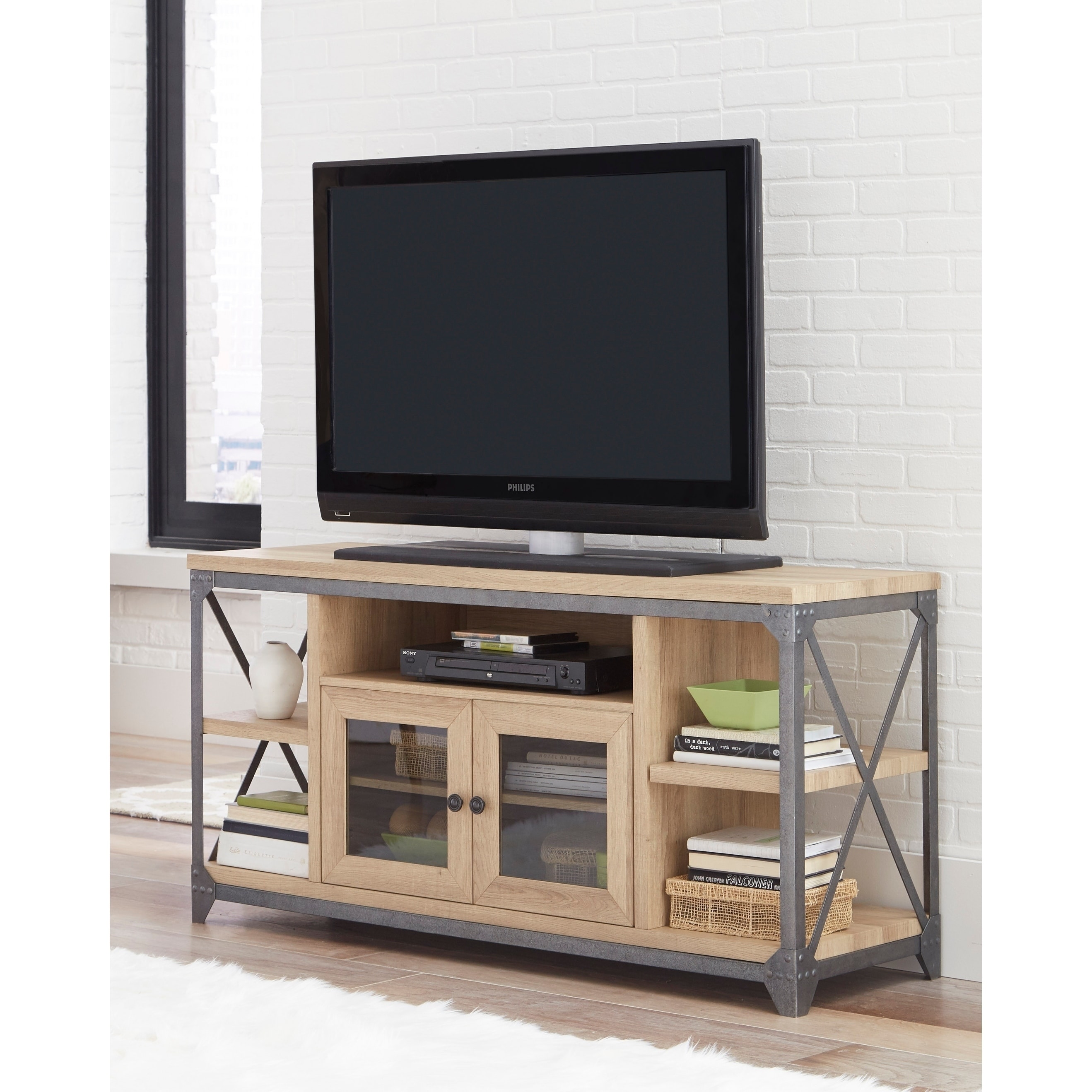 Wood And Metal Tv Stand With 5 Shelves Oak Brown Gray Wood And Metal Tv Stand With 5 Shelves Oak Brown Gray Free Shipping Today 22671962
