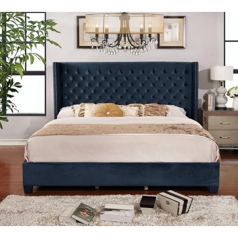 King Velvet Upholstered Button Tufted Wingback Bed Set Blue