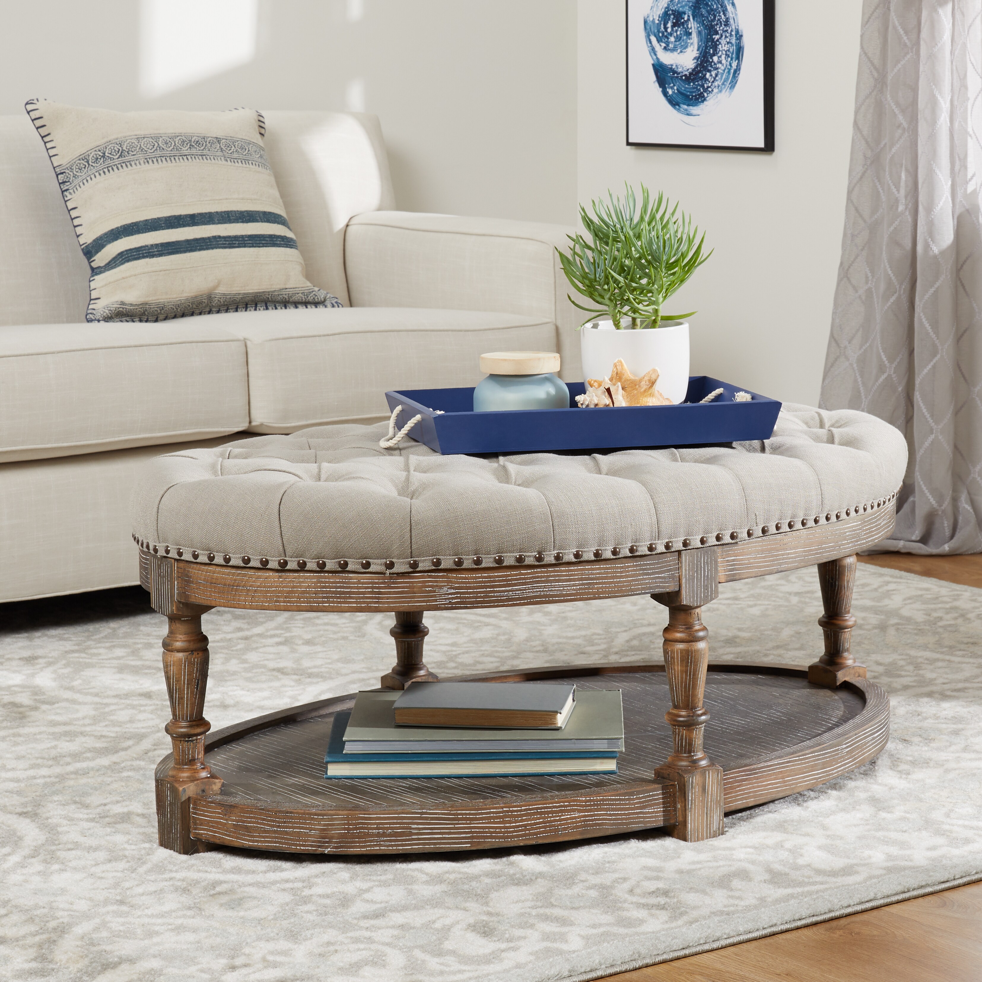 The Gray Barn Creston Beige Linen Tufted Oval Ottoman Overstock 22888525