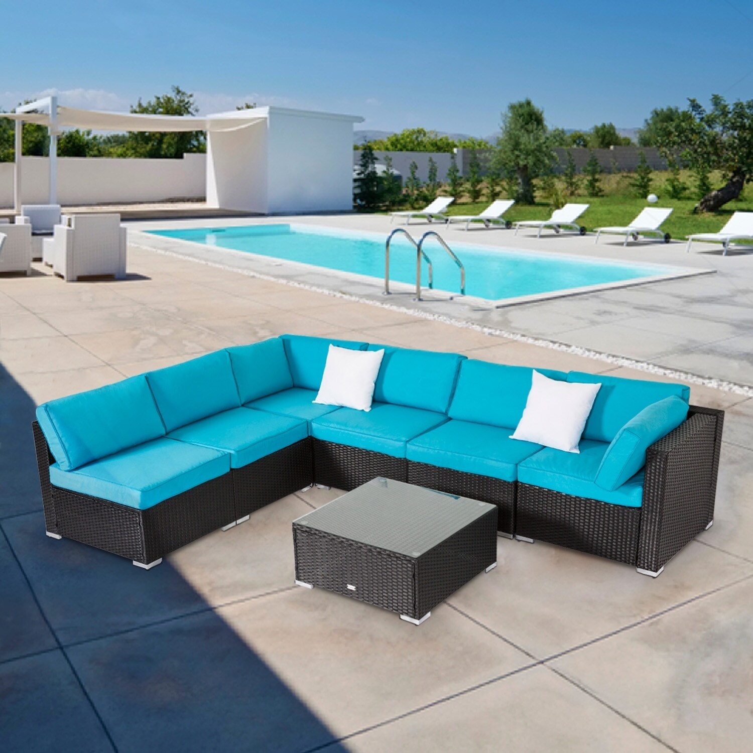 Kinbor All Weather Rattan Sectional Sofa Patio Furniture Set Cushioned Wicker