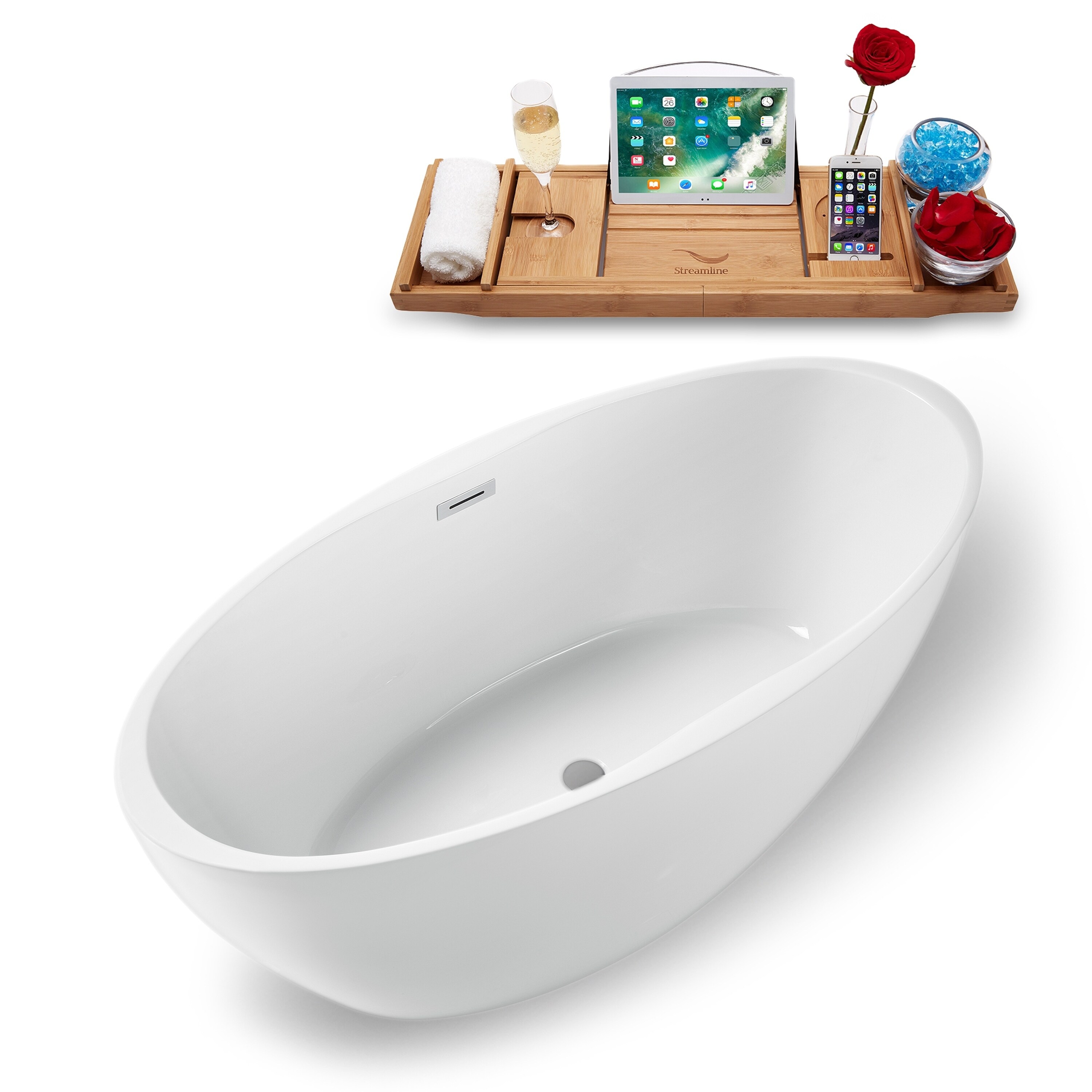 Streamline N1301 59fswh Fm White Acrylic 59 Inch Tray And Internal Drain Freestanding Tub Set