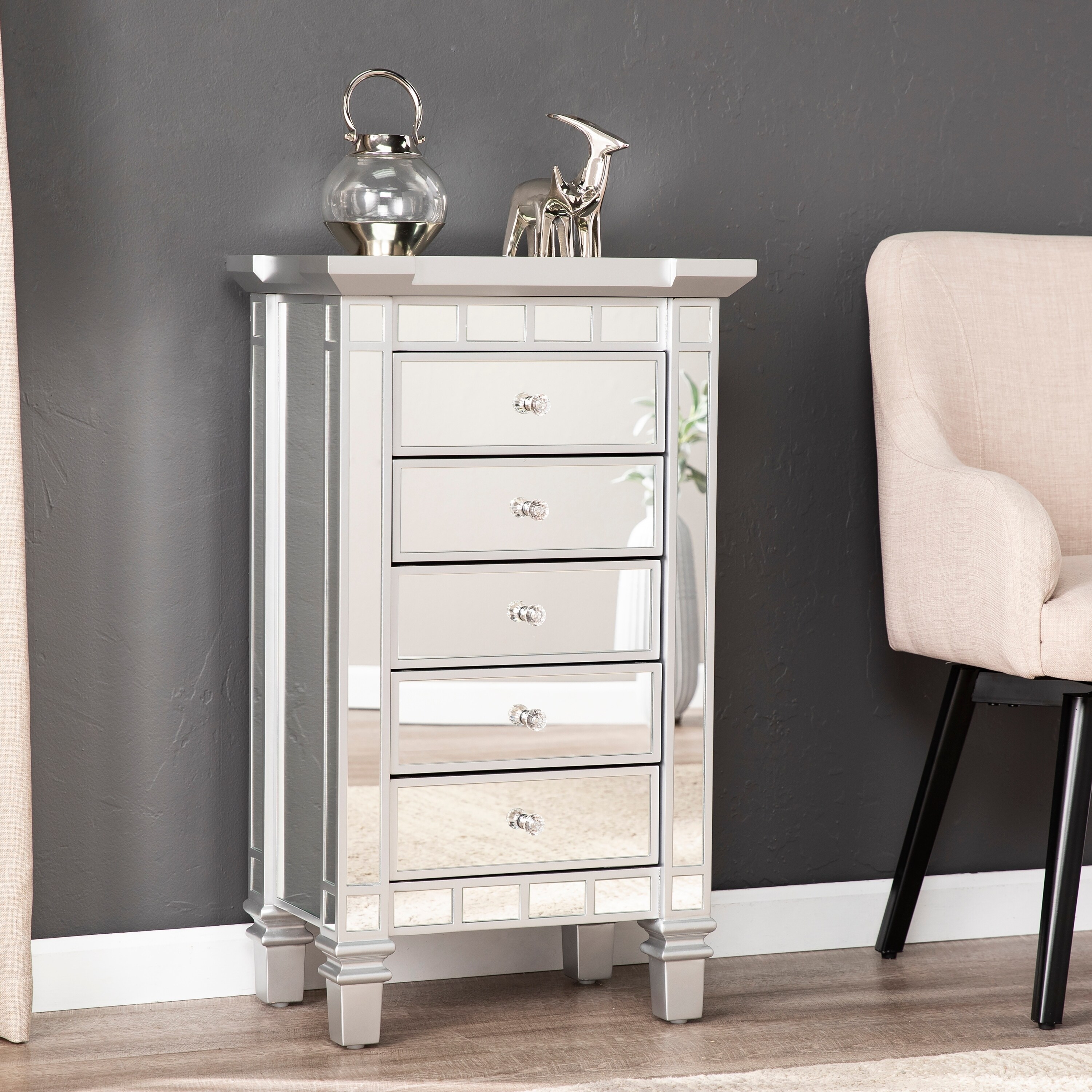 Silver Orchid Mailes Mirrored 5 Drawer Accent Chest On Silver Orchid Mailes Mirrored 5 Drawer Accent Chest