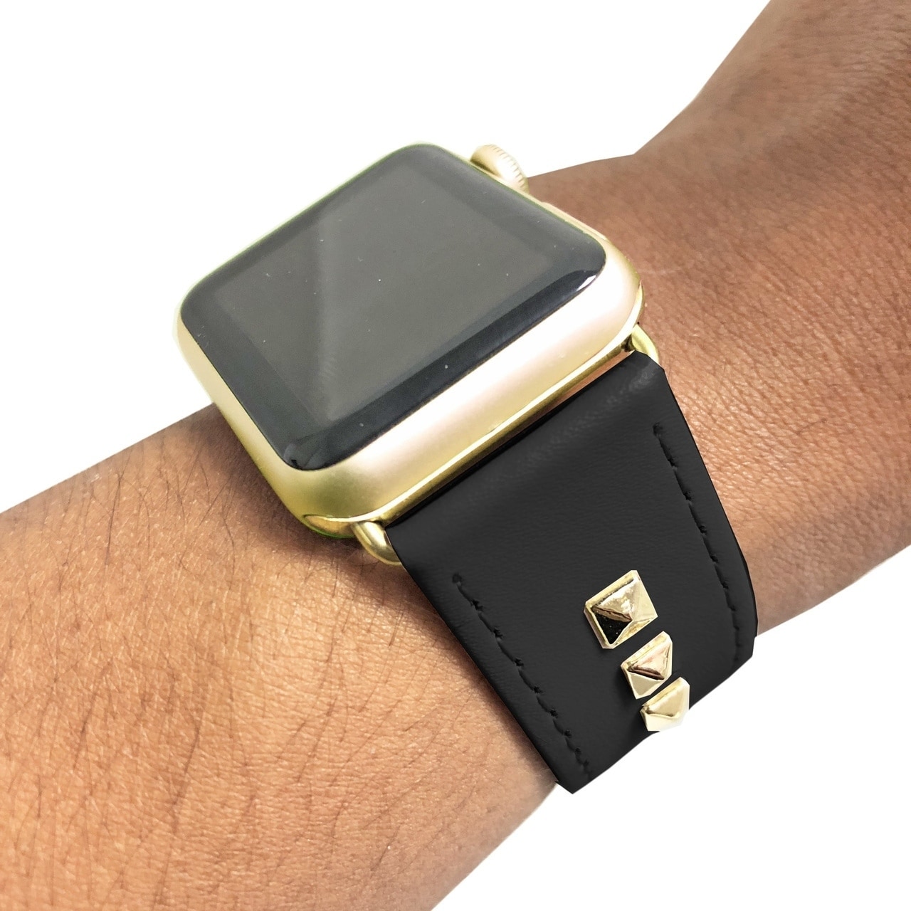 Genuine Leather Studded Apple Watch Band In Black And 24k Gold Overstock