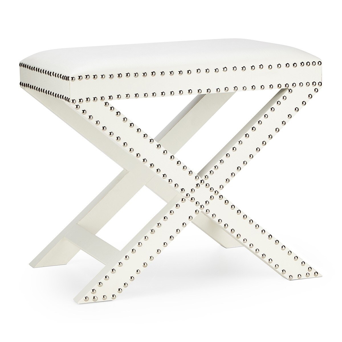 Nailhead Trim Wooden Stool With Leatherette Seat And Cross Base White