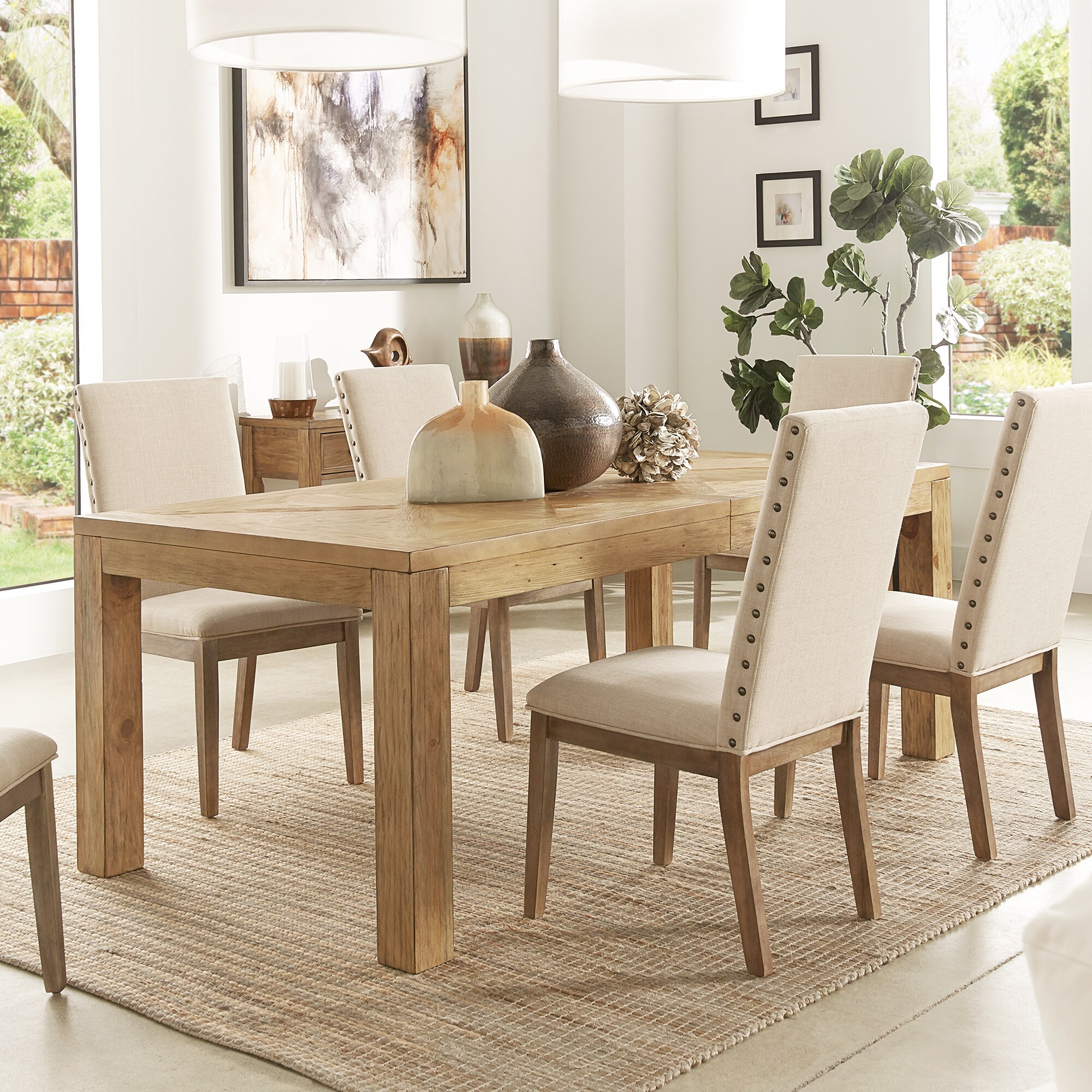 Kashton Reclaimed 96 Inch Extending Dining Set With Nailhead Accent Parson Linen Dining Chair By Inspire Q Artisan