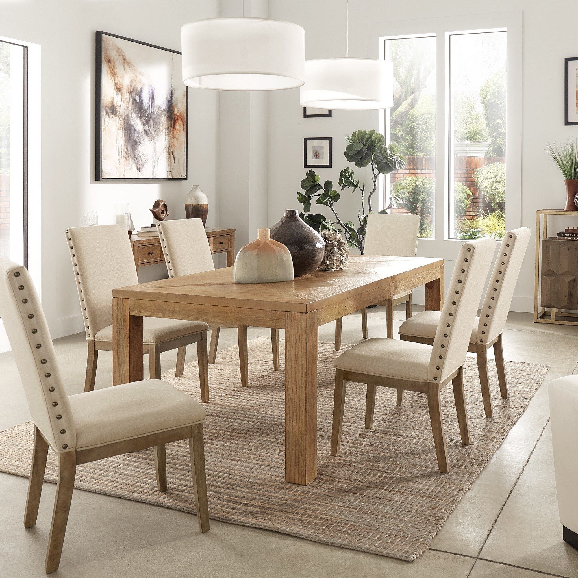 Kashton Reclaimed 96 Inch Extending Dining Set With Nailhead Accent Parson Linen Dining Chair By Inspire Q Artisan