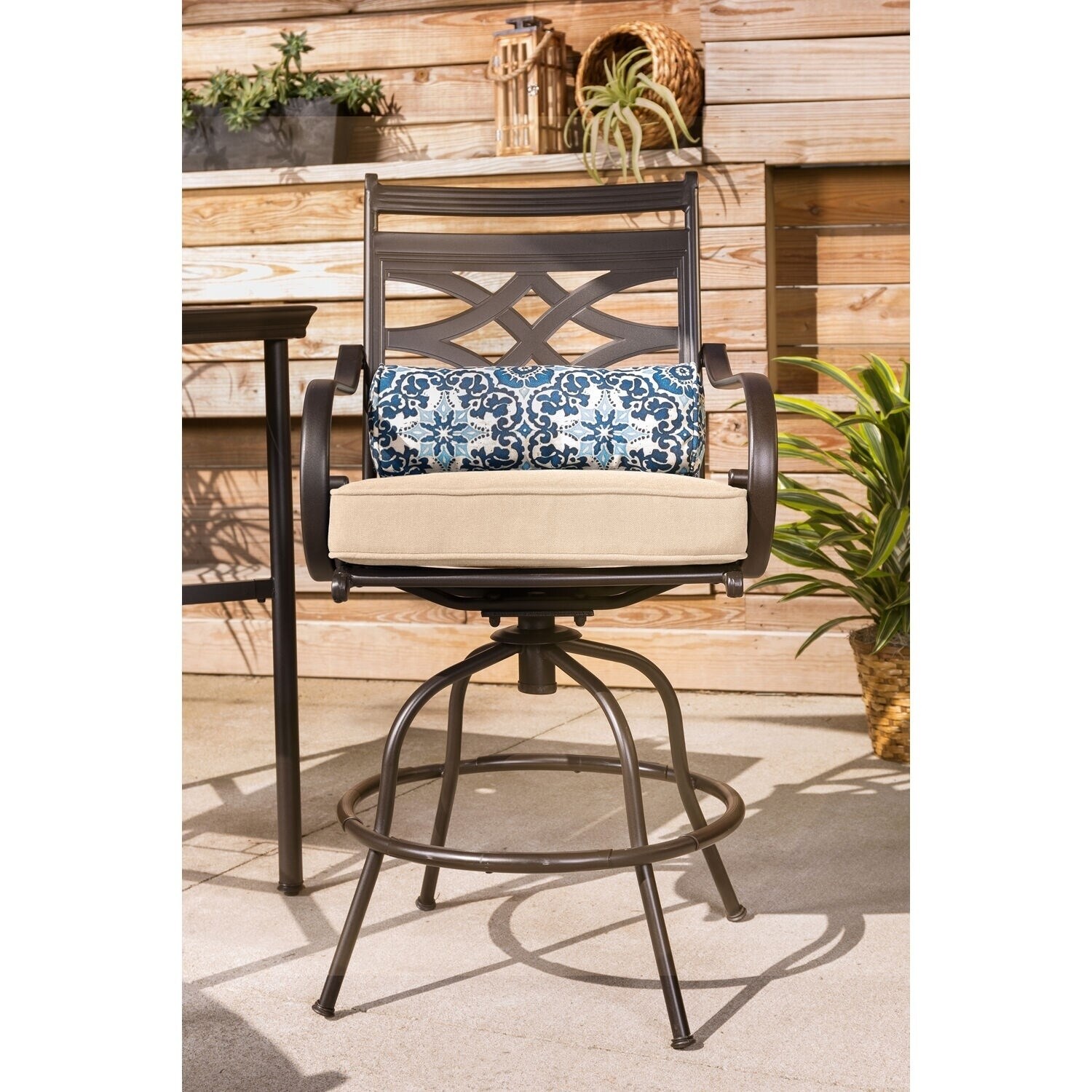 Hanover Montclair 5 Piece High Dining Patio Set In Country Cork With 4 Swivel Chairs And A 33 Counter Height Table