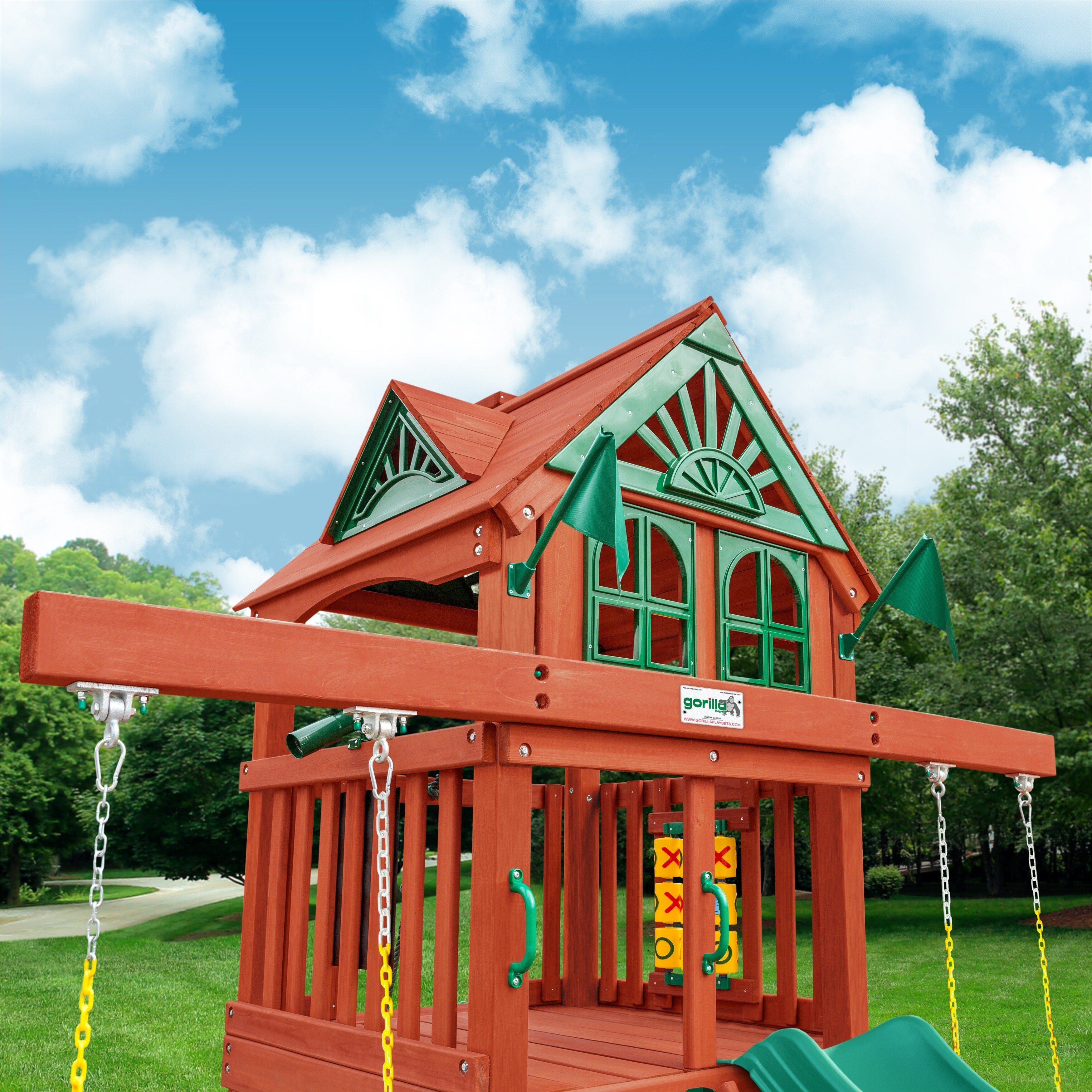 Gorilla Playsets Five Star Ii Space Saver Wooden Swing Set With Rock Wall And Slide