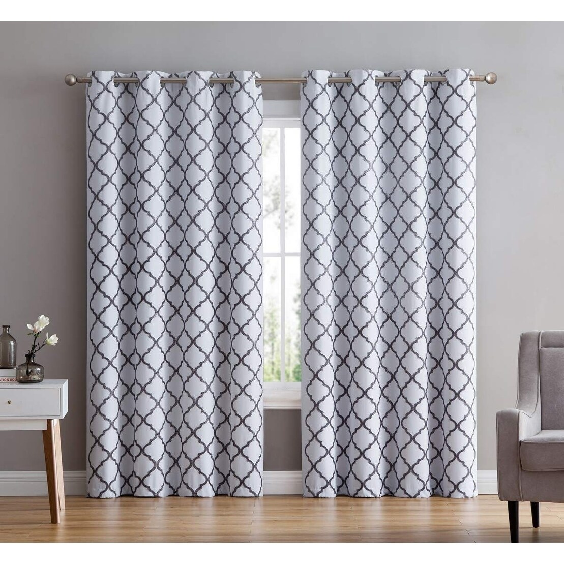 Lattice Embroidered Thermal Blackout Window Curtain Grommet Panels Energy Efficient Room Darkening Pair